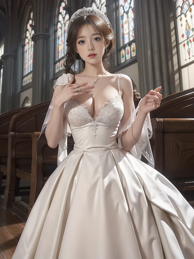 ((best qulaity)), ((tmasterpiece)), (Eine detaillierte), white wedding dress,Leaky big breasts,Undichte Oberschenkel,Haltung des Stehens,1girll,Szene aus der Kirche