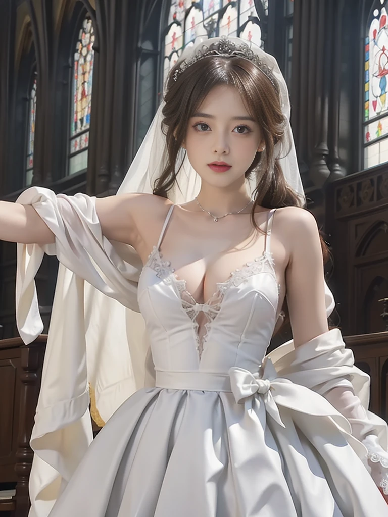 ((best qulaity)), ((tmasterpiece)), (Eine detaillierte), white wedding dress,Leaky big breasts,Undichte Oberschenkel,Haltung des Stehens,1girll,Szene aus der Kirche