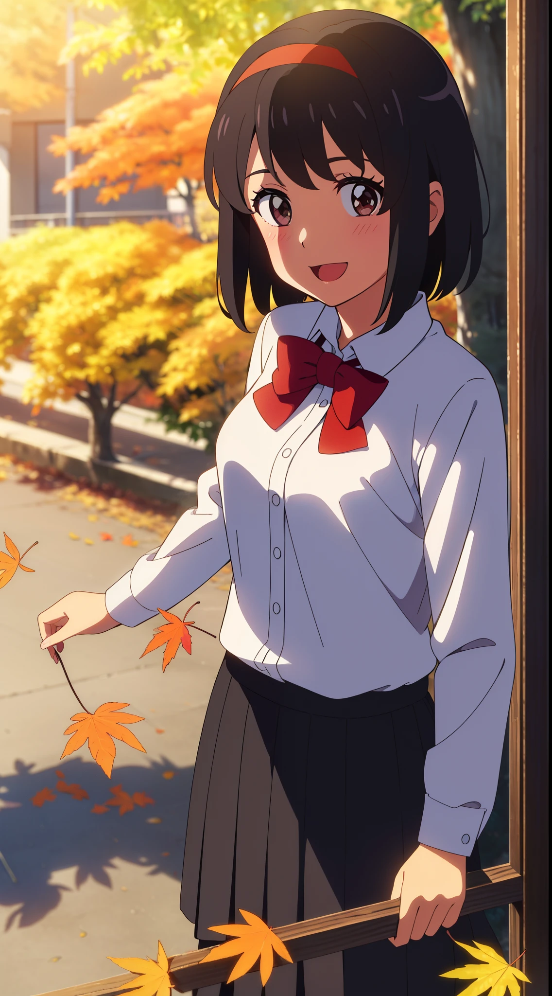 (masterpiece, best quality, high quality, highres, ultra-detailed), shinkai makoto, kimi no na wa., 1girl, bangs, black hair, blush, bright eyes, brown eyes, headband, looking at the viewer, red bow, red headband, red ribbon, t-shirt, short hair, medium breasts, solo, skirt, pretty shirt, long sleeves, day, Outdoors, shiny skin, standing, shadow, short jacket, smile, happy, :D, upper-body, {{{{{{in autumn}}}}}}, maple tree, falling leaves, autumn scenery, warm color., beautiful, pretty, {{{{fluttering leaves}}}}