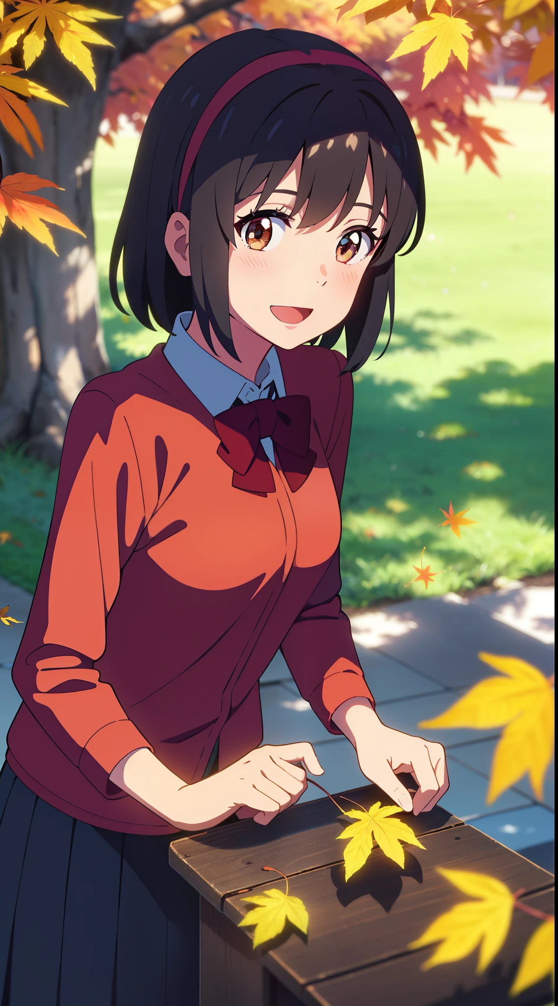 (masterpiece, best quality, high quality, highres, ultra-detailed), shinkai makoto, kimi no na wa., 1girl, bangs, black hair, blush, bright eyes, brown eyes, headband, looking at the viewer, red bow, red headband, red ribbon, t-shirt, short hair, medium breasts, solo, skirt, pretty shirt, long sleeves, day, Outdoors, shiny skin, standing, shadow, short jacket, smile, happy, :D, upper-body, {{{{{{in autumn}}}}}}, maple tree, falling leaves, autumn scenery, warm color., beautiful, pretty, {{{{fluttering leaves}}}}