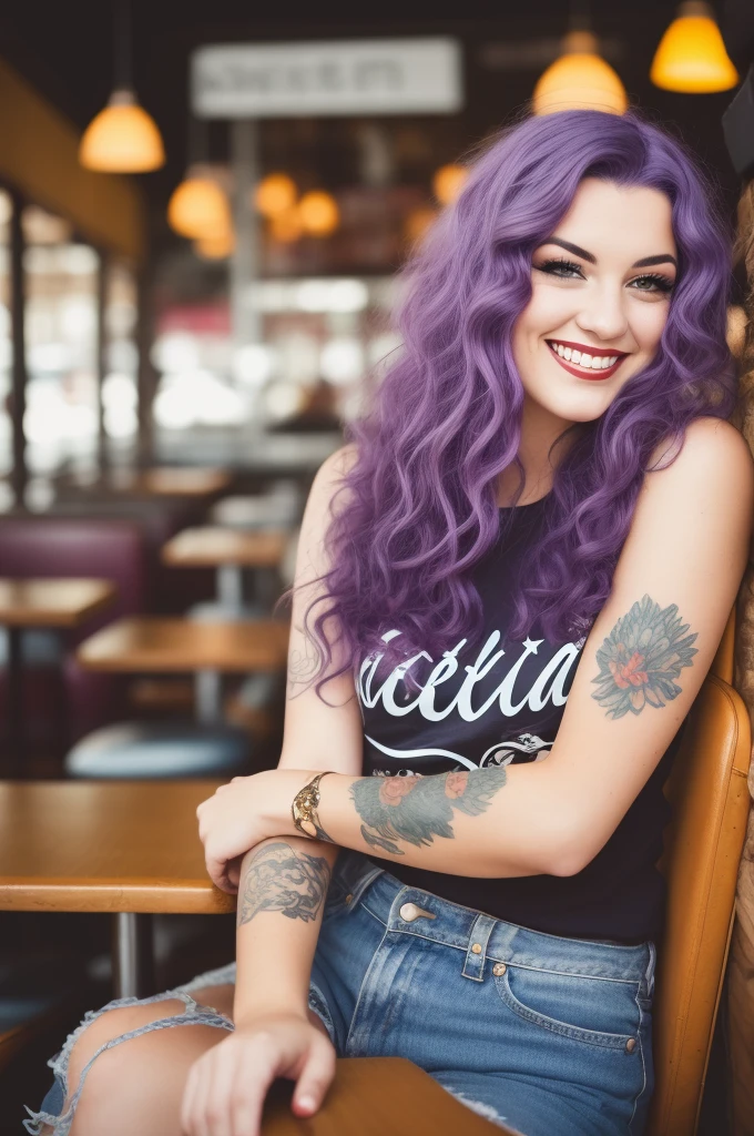 Street photography photo of a young woman with purple hair, They are smiling, feliz, Linda camiseta, tatuajes en sus brazos, Sitting in a 50's restaurant