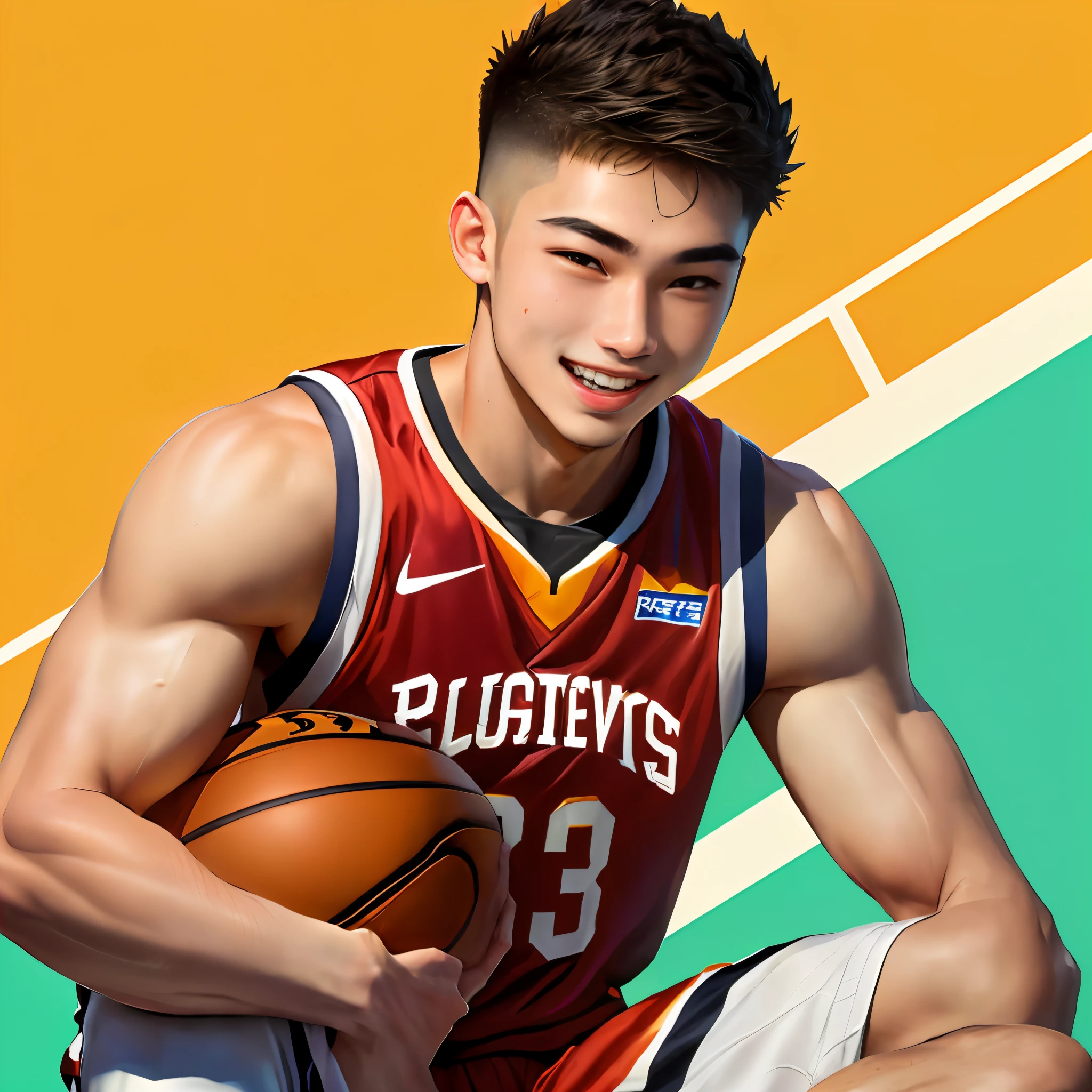 Um estudante de esportes que adora jogar basquete de joelhos,Ensolarado e alegre,Cara do Desejo,bochechas avermelhadas,Naked upper body muscles,muito sexy, muscles are tense,pincel cortado, dedos perfeitos, membros perfeitos, perfect hands, perfect arms, pernas perfeitas