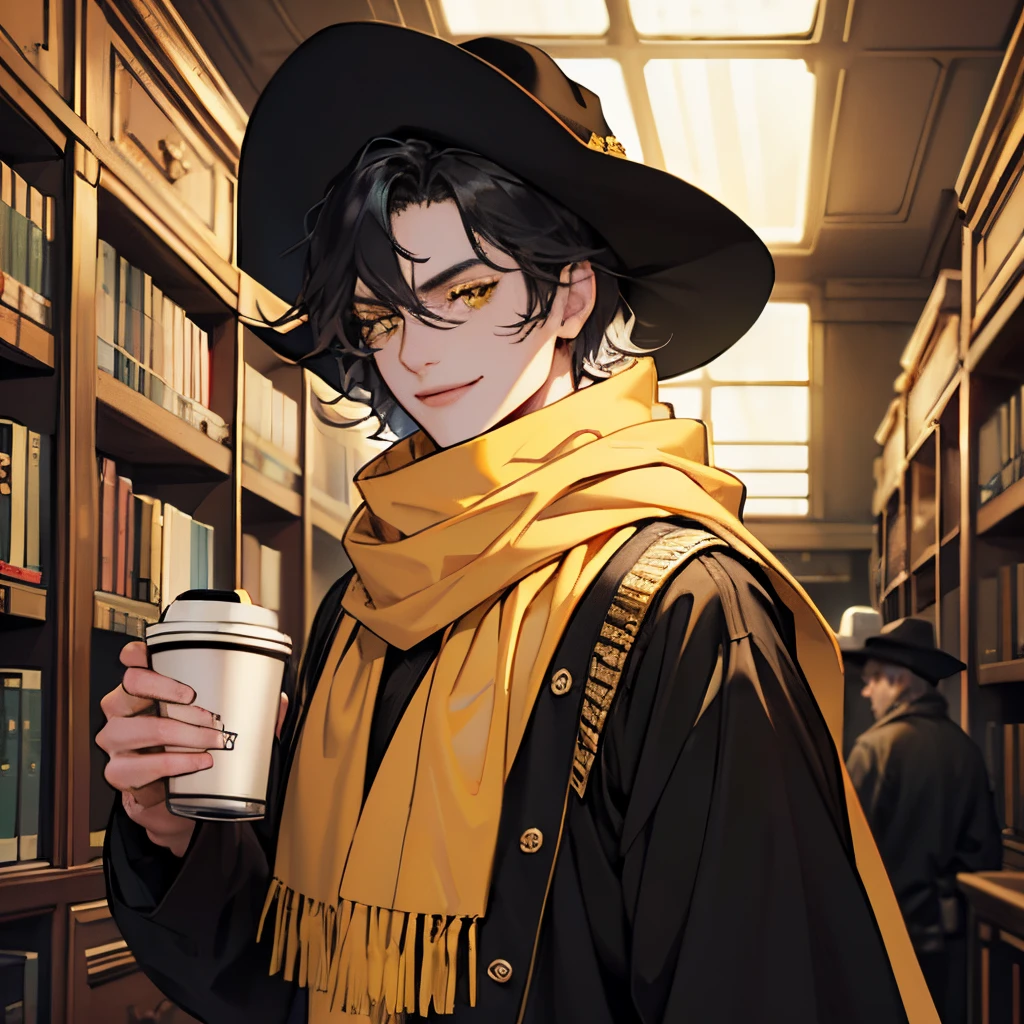 pale man, black wavy little short hair parted in the middle, smooth face, mischievous smile, wearing yellow scarf and sheriff hat, yellow eyes, ultra-detailed, cinematic beautiful lighting, with coffee in library