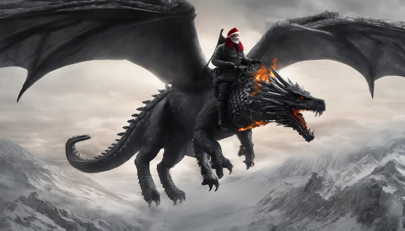 Santa Claus flying with his gifts on top of a black dragon breathing fire, white background