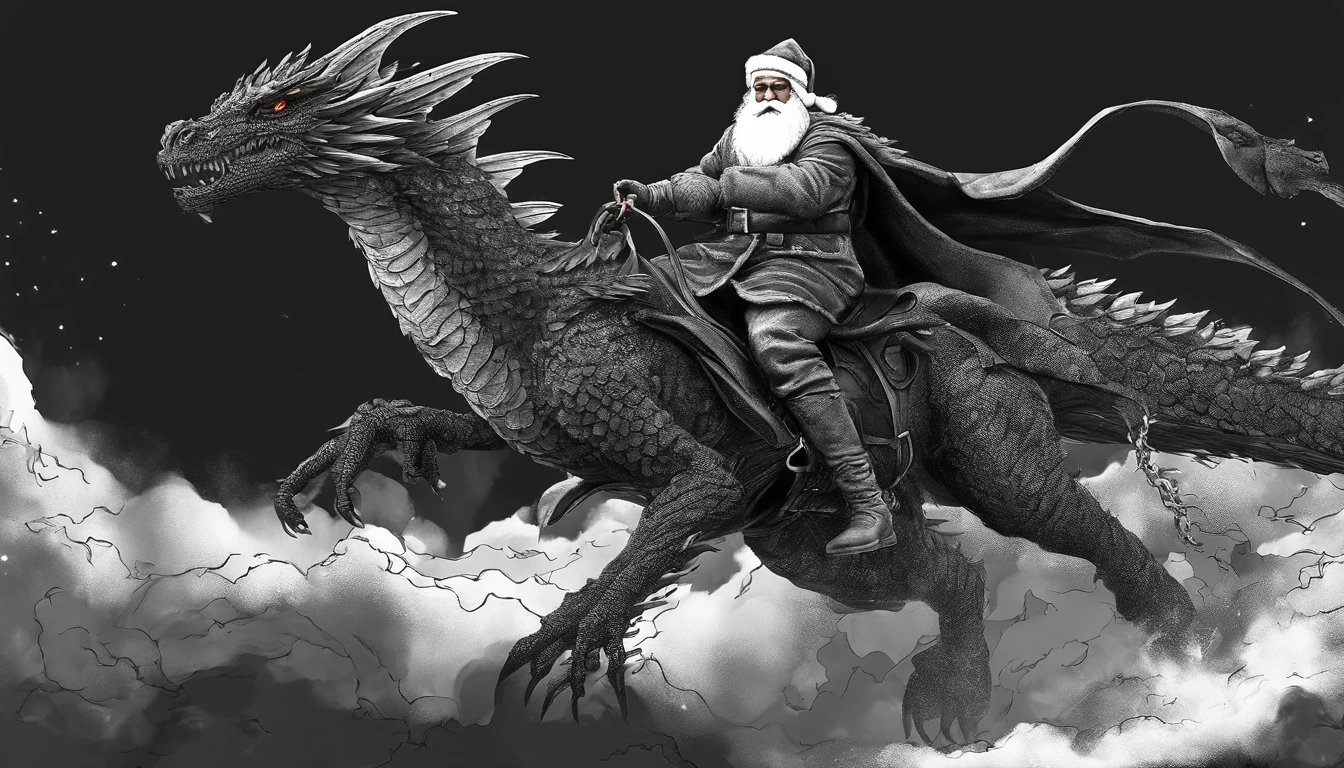 Santa Claus flying with his gifts on top of a black dragon breathing fire, white background