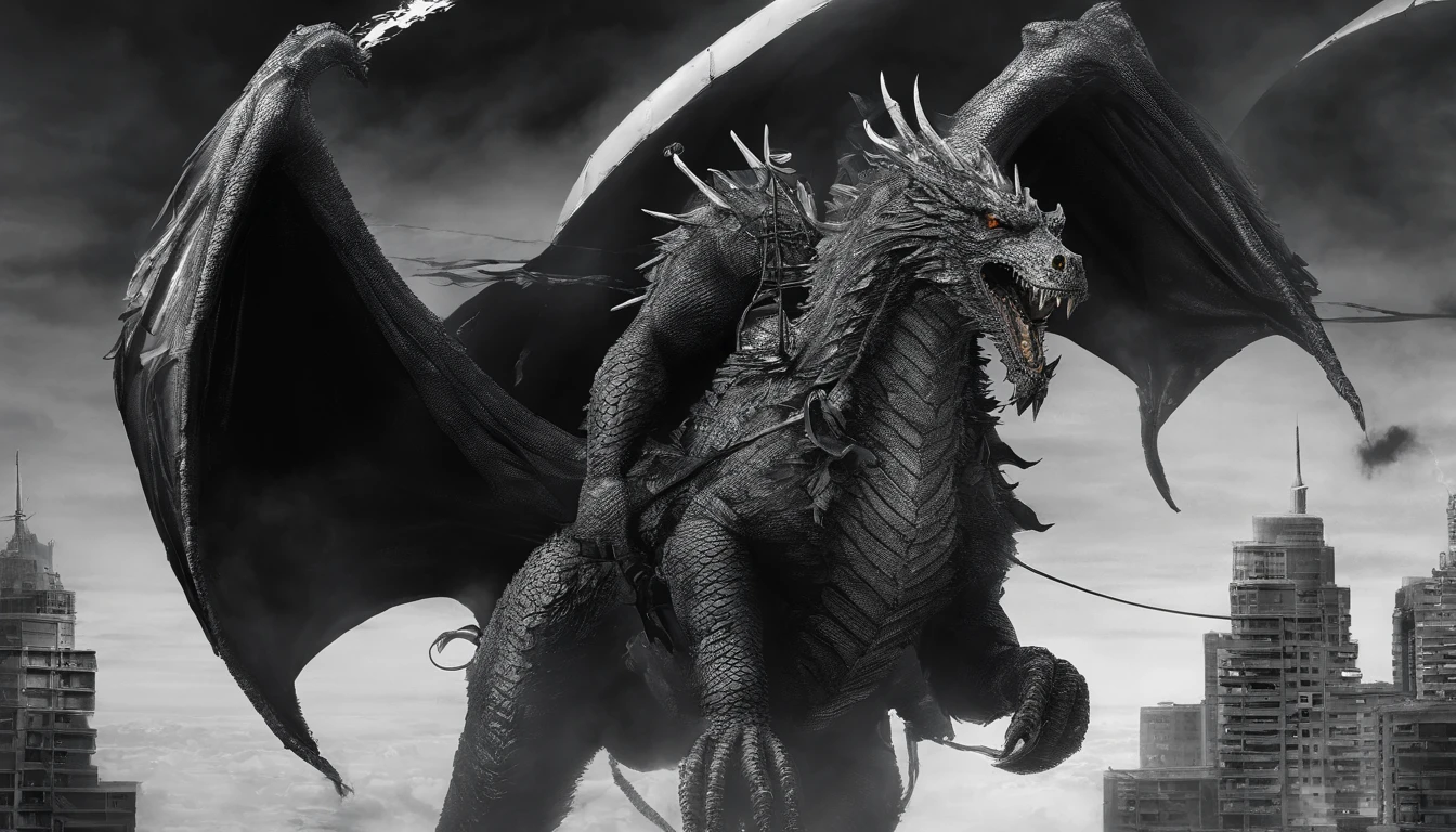 Santa Claus flying with his gifts on top of a black dragon breathing fire, white background