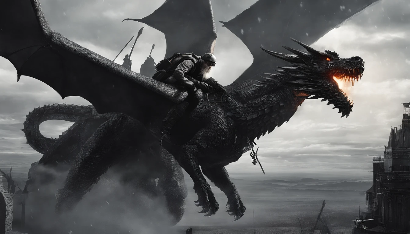 Santa Claus flying with his gifts on top of a black dragon breathing fire, white background