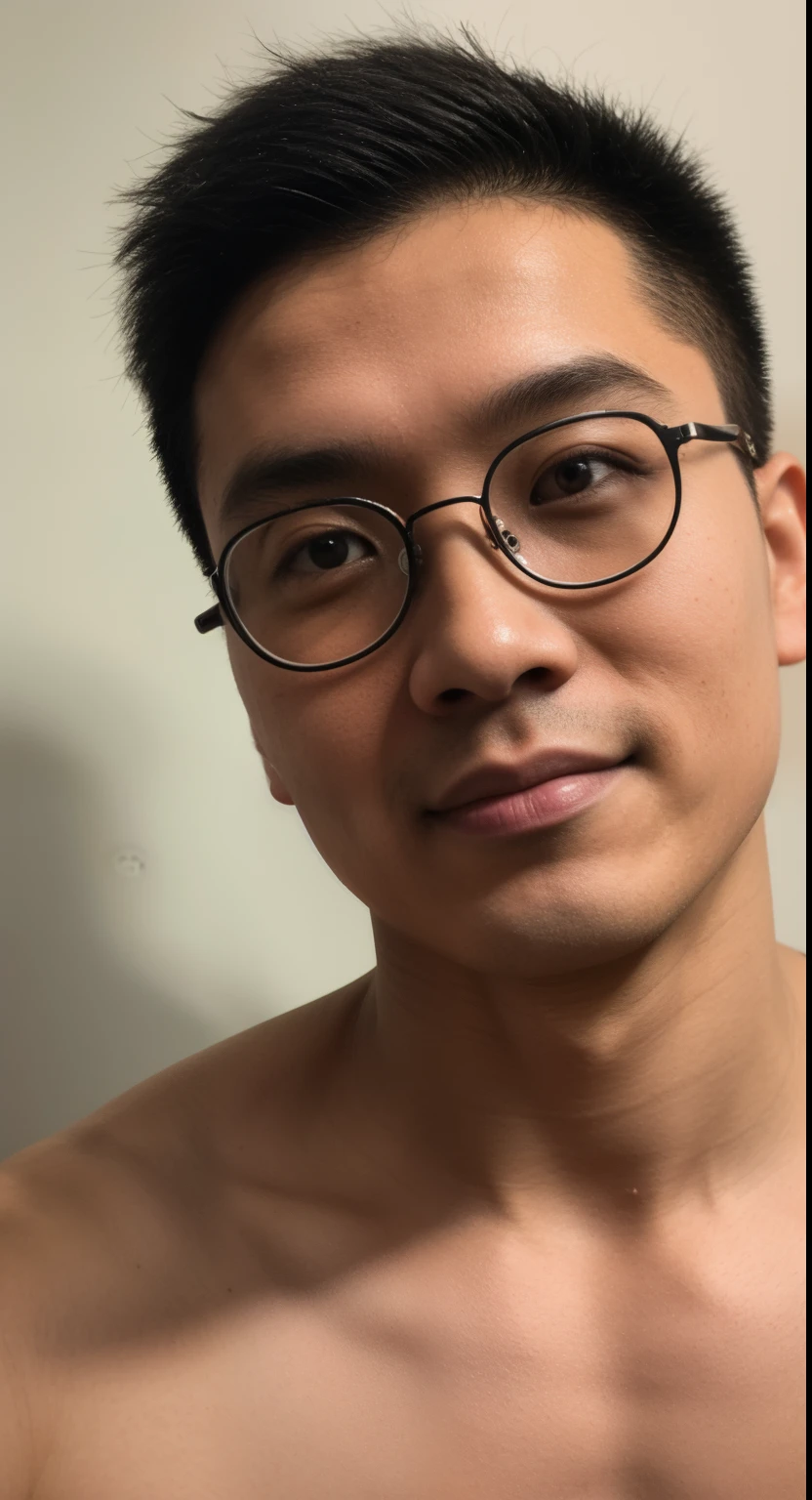 Andrew thomas huang, oval face, eyeglasses, 29 years old, neat muscular, shirtless, (((playing ludo)))