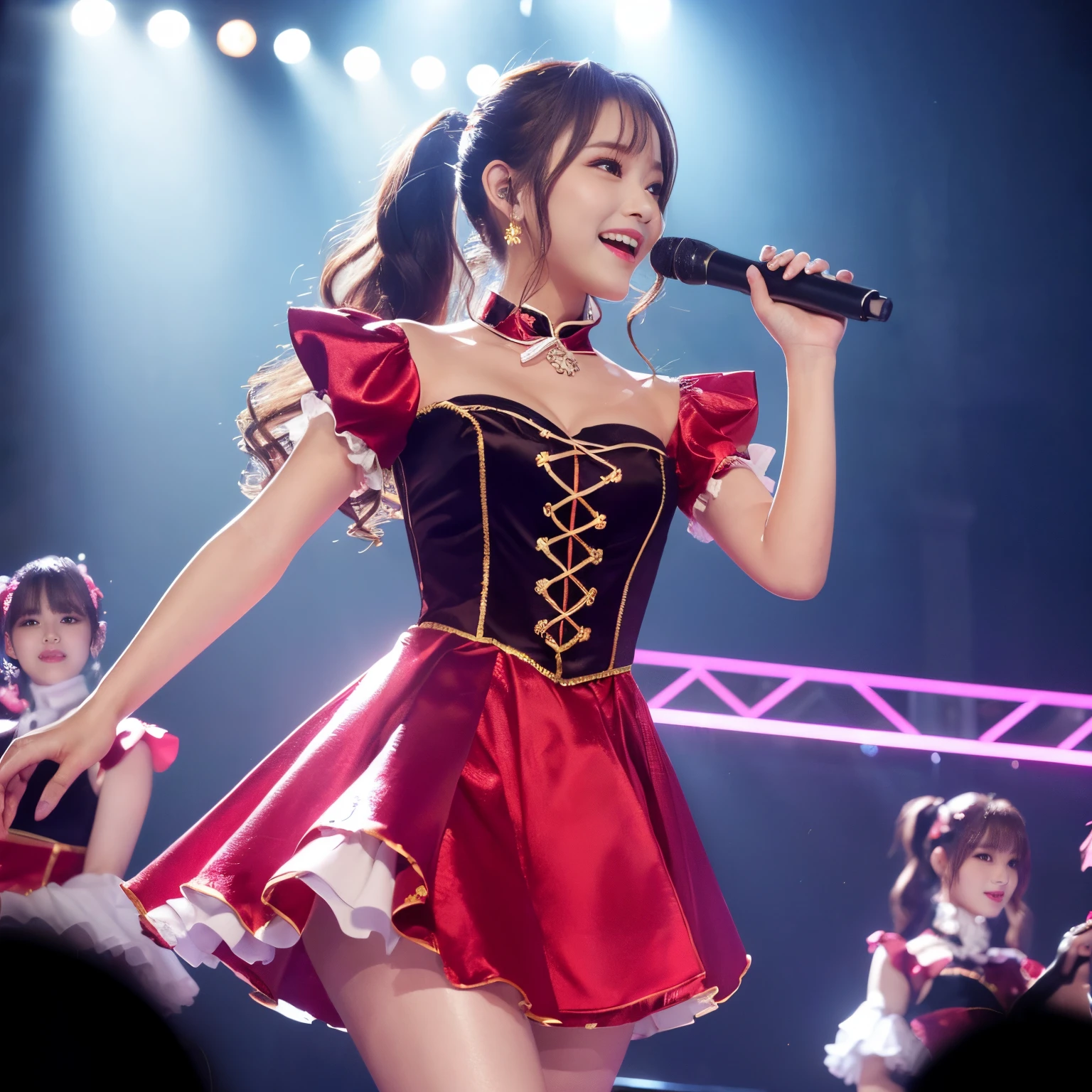 ((Best Quality, masutepiece, 超A high resolution、The most complex and detailed depictions))、Live stage with a large audience、(A very realistic and gorgeous stage:1.3)、1 girl in、perfect real idol、large full breasts、long beautiful legs、Biggest smile、Dancing and singing、Holding the microphone in her hand、accurate and perfect microphone、(Gorgeous and cute idol costumes:1.2)、(Cute and luxurious idol costumes with lots of frills:1.2)、(Girly and luxurious idol costumes:1.2)、Colorful and gorgeous light up、stunning light up、(Detailed and realistic full-scale live stage:1.2)、(ultra-fine lighting:1.1)、(Wavy ponytail:1.2)、(precise wave ponytail:1.2)