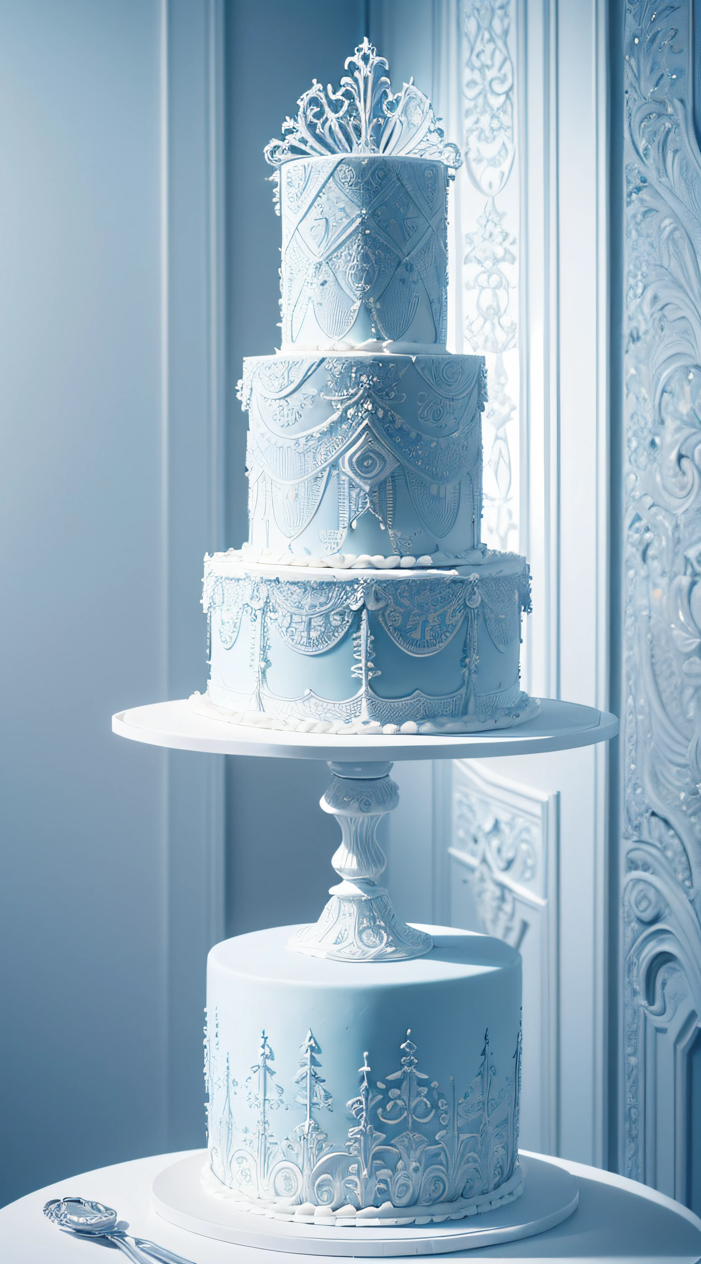 (Best quality,4K,8K,A high resolution,tmasterpiece:1.2),ultra - detailed,(actual,realistically,realistically:1.37),(Luxury architectural hollow cake),Beautifully decorated empty cake,Surreal and impressive creation,Impressive and intricate cake designs,Building complex cake,Exaggerated cake design,Delicate cake，The attention to detail,Luxurious and surreal cake designs,Stunning and detailed cake,Stunning and intricate cake decorations,Luxurious and intricate cake designs,great cake，The details are complicated,Eye-catching Cakes Impressive and intricate paper cut cake masterpieces，((Light blue-white tones)),（Cake with many decorated minifigures）