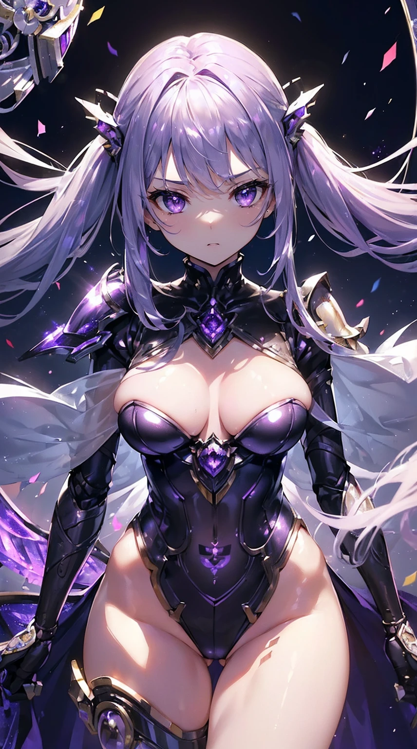 (((masterpiece))), (((highest quality))), ((ultra-detailed)), ((super fine illustration)), ((ultra-fine painting)), (upper body:1.2), Highly detailed and delicate illustration style, detailed skin texture, detailed metal texture, detailed cloth texture, extreme detailed description, (T-masterpiece), (highly detailed face), original, raw photo, professional, Intricate details, super details, intricate ornament details, perfect anatomy, (16-years-old), (sexy), (sexy), real, ((Solo)), ((A beautiful and cool girl marshal with beautiful hair and eyes dressed as a mechanical angel)) BRAKE Beautifully shaped small breasts, Beautifully shaped small buttocks, (The beautiful, shiny silver twintails are extremely detailed and delicate and shine in rainbow colors, colorful hair:1.2), (Beautiful clear purple eyes that shine with great detail and delicate:1.2), (beautiful hands and fingertips:1.2) BRAKE ((sophisticated mechanism:1.4))Smooth and menacing design, (Sleek large highly detailed and delicate mechanical wings in a glowing amethyst purple color:1.4)), ((Mysterious, highly detailed and delicate sacred great sword in amethyst purple color exclusively for girl marshals:1.3)), ((High-speed, high-mobility, iridescent, highly detailed and baptized mechanical armor for marshal girls in amethyst purple color:1.3)) BRAKE concept-art, Detailed Science Fantasy Art, (Battle Pose), ((Pose of slashing with a great sword:1.1)) BRAKE (Highly detailed and delicate starry sky), (other world), no robot, (close mouth), Front view, (8K highest quality wallpaper:1.2), (Highly detailed and delicate background:1.2) BRAKE (cute background, Geometric patterns, vivid color background:1.5), (colorful confetti:1.15) BRAKE (NSFW) BRAKE