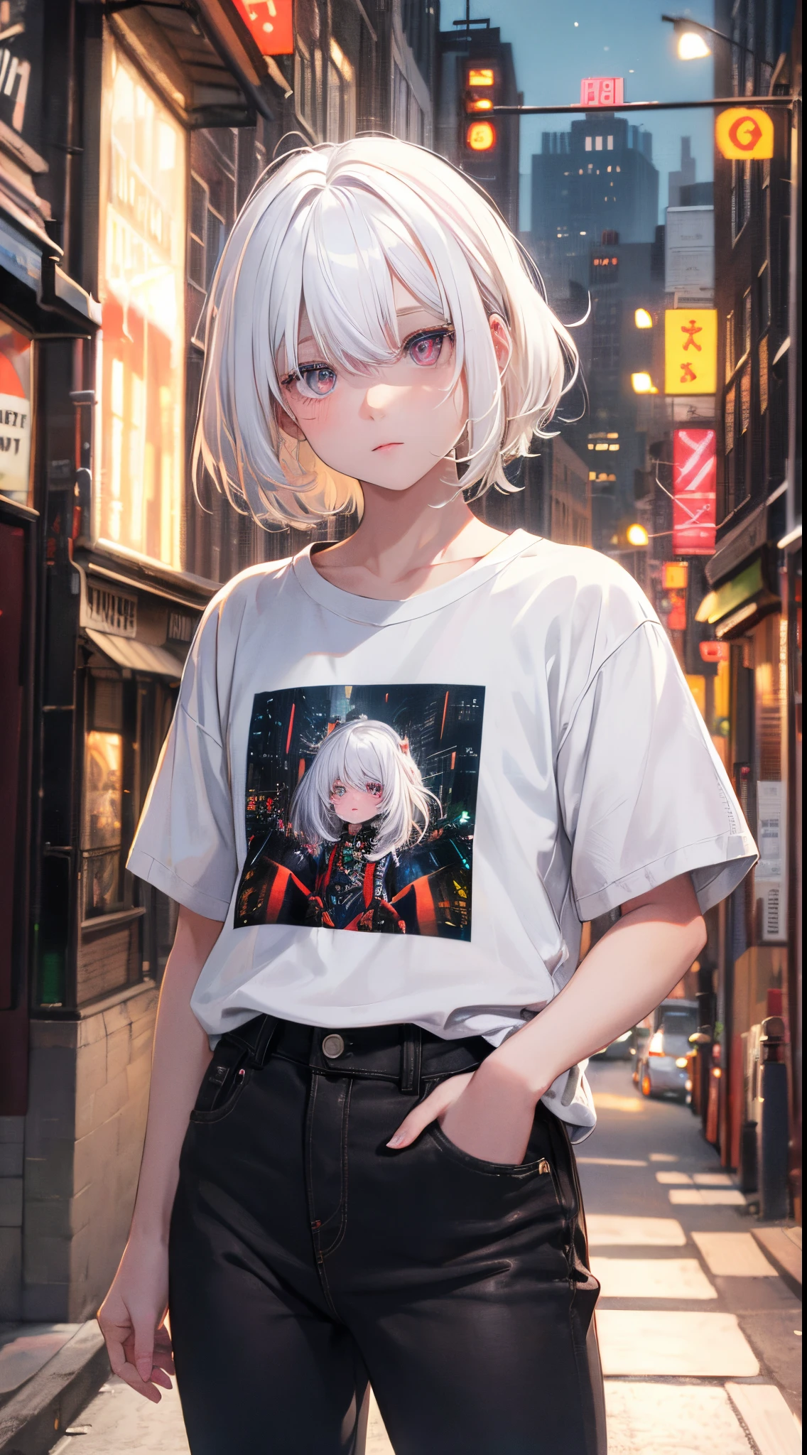 NY, (white hair, dutch angle:1.3), film grain, chromatic aberration, city, masterpiece, best quality, raw photo, photorealistic, absurdres, 1girl, cute, perspective, cowboy shot, highres, ultra detailed, detailed eyes and face, sharp pupils, realistic pupils, sharp focus, summer, night, Wearing a black t-shirt and black jeans