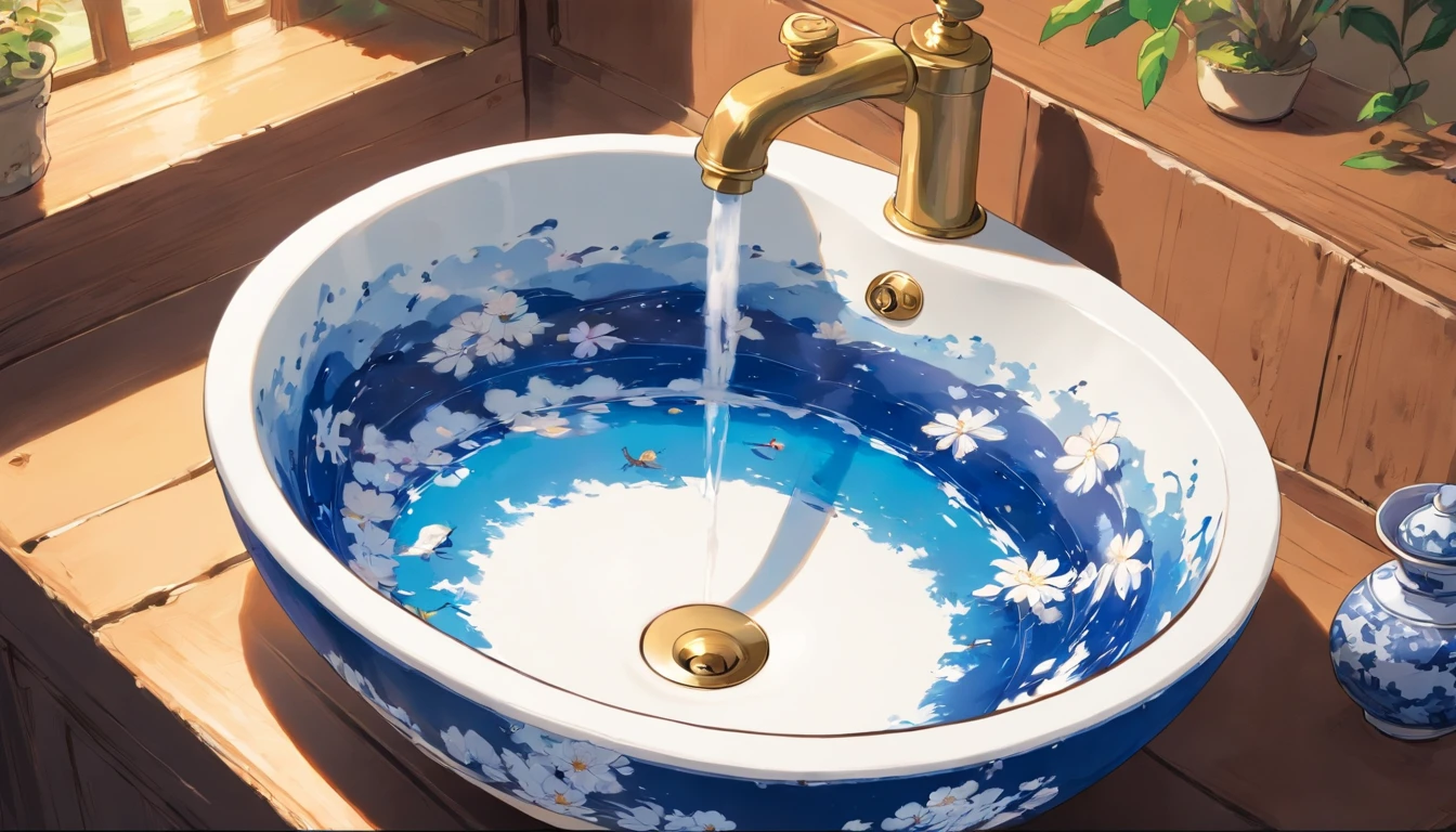 Blue and white porcelain washbasin