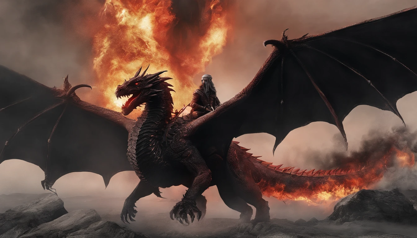 papai noel vermelho, flying on top of a black dragon breathing fire, fundo branco, super realismo