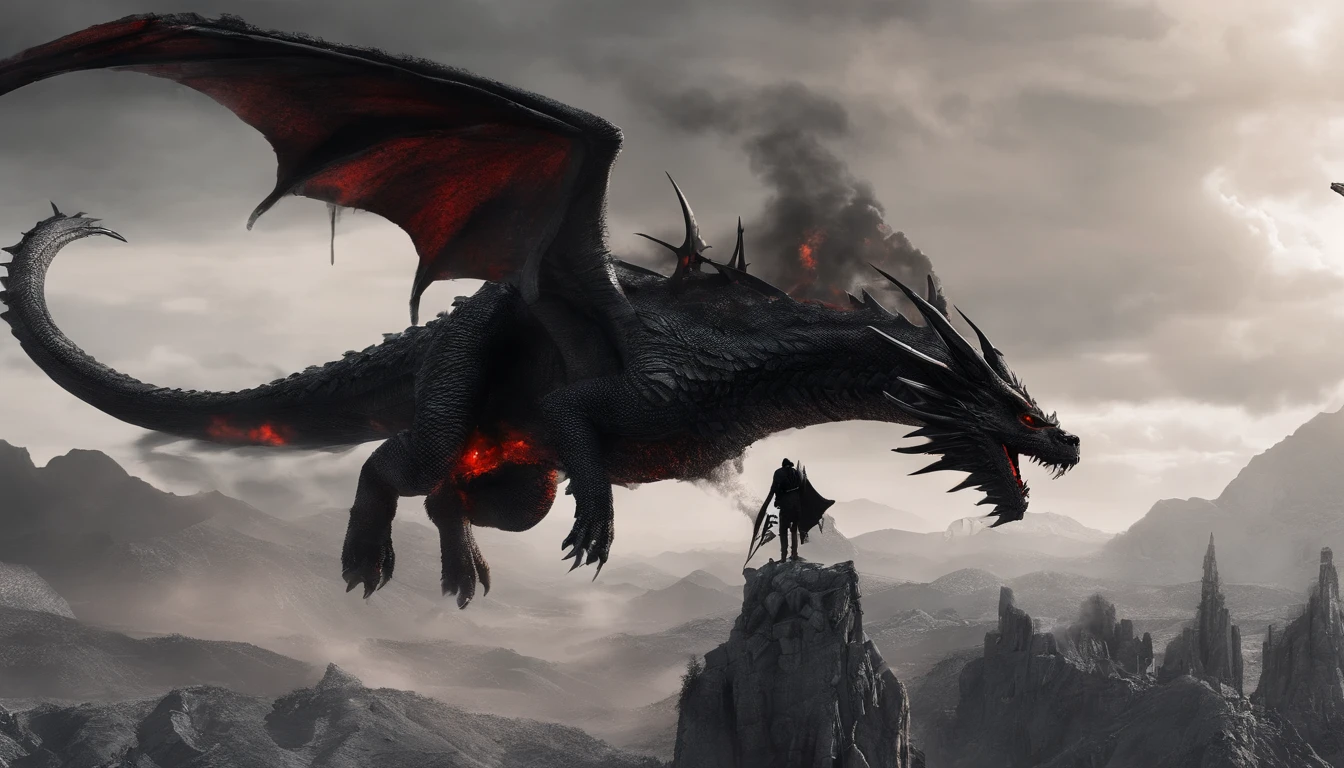 papai noel vermelho, flying on top of a black dragon breathing fire, fundo branco, super realismo