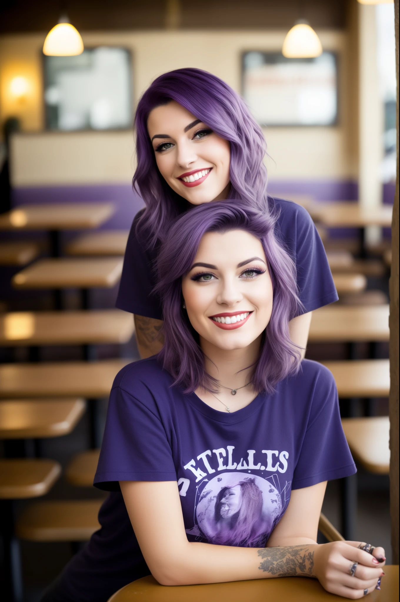 Street photography photo of a young woman with purple hair, They are smiling, feliz, Linda camiseta, tatuajes en sus brazos, Sitting in a 50's restaurant
