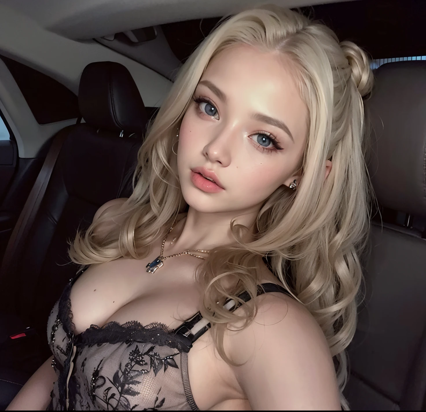 um close de uma mulher em um carro usando um vestido preto, Deusa loira, pale skin curly blond hair, Modelo do Instagram, longos cabelos loiros e olhos grandes, uma loira linda, 18 anos, cabelos loiros e olhos grandes, Lacey, 2 Modelo feminina de 4 anos, Retrato de Kim Petras, longos cabelos loiros e olhos grandes