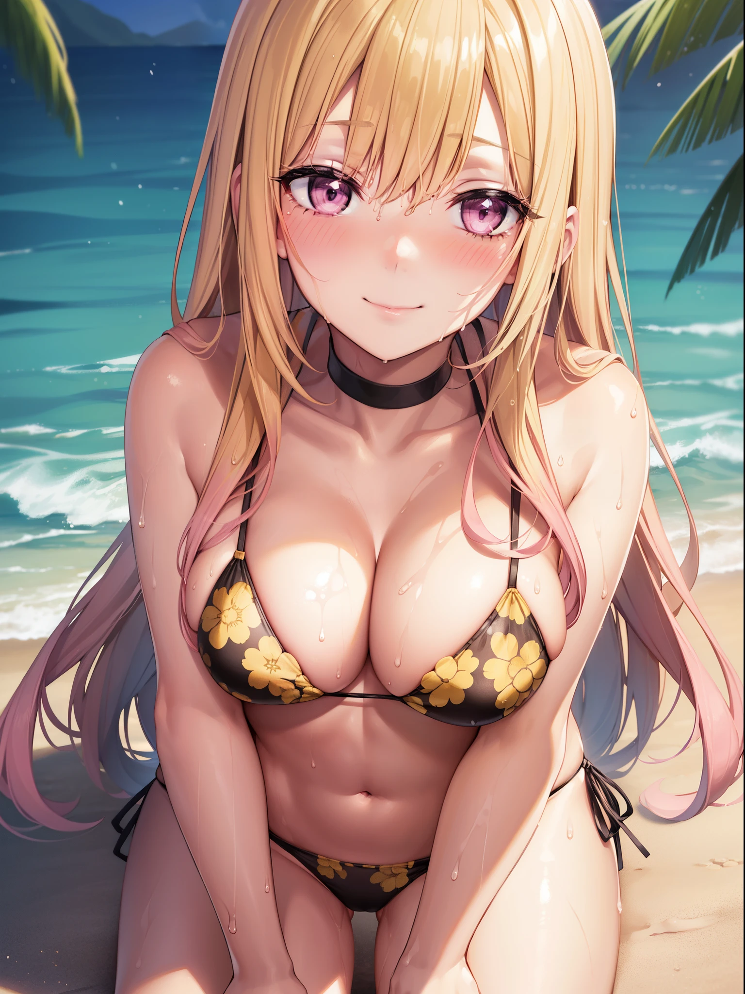 1girl, marin kitagawa, blonde hair, choker, long hair, (pink eyes:1.5), straight hair, swept bangs, (long eyelashes:1.1), (blush:1.3), smile,
BREAK (triangle bikini:1.2), Black bikini, (black panty), (patternless panty), (Yellow floral bikini:1.3), medium breasts, Naked, Exposed skin, (Wet skin:1.3), leaning forward, hands on own knees,
BREAK (sea:1.5), beach, (solar:1.3),
BREAK looking at viewer, 
BREAK (masterpiece:1.2), best quality, high resolution, unity 8k wallpaper, (illustration:0.8), (beautiful detailed eyes:1.6), extremely detailed face, perfect lighting, extremely detailed CG, (perfect hands, perfect anatomy)