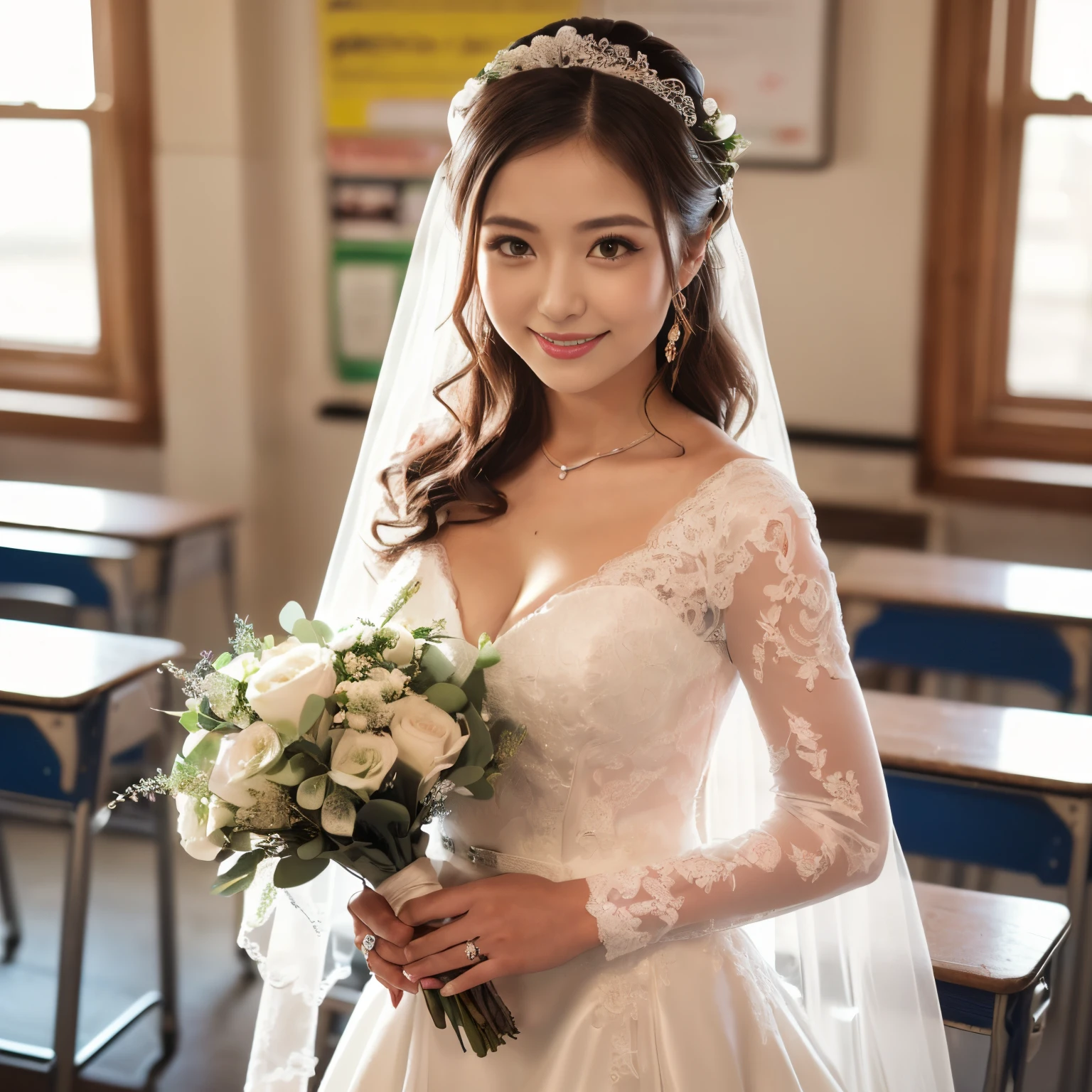 (((masutepiece、top-quality、Top image quality、in 8K、Award-Winning Works、Ultra-high precision、Bright daytime lighting、Bright and saturated)))、((1人の女性,1 female)),((((the finest giant wedding dresses、perfect bride、most gorgeous wedding dresses、wedding dress with intricate jewels、wedding lace、Wedding bouquet、Tastefully put together hair)))),((Standing in school classroom、hold a wedding ceremony in the classroom、Wedding in the classroom、Natural bright lighting,Perfect makeup, Looking at the camera,gently smiling,Smile,,Faces close,Staring at this,Emphasize the bulge of the chest、Detailed High School Classroom Background,The most beautiful faces in Japan,View here,Perfect fingers、face perfect、细致背景、Fair skin、Crystal clear white skin、Perfect fingers,细致背景、Perfect Anatomy