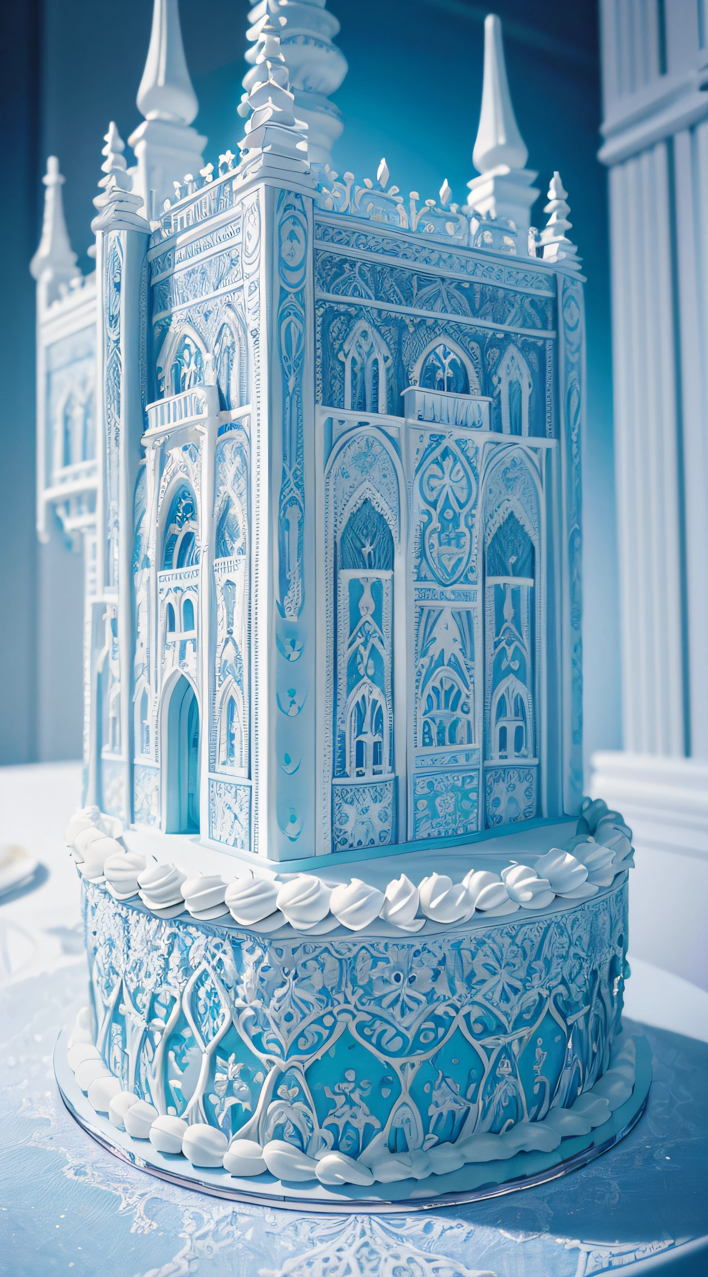 (Best quality at best,4K,8K,A high resolution,tmasterpiece:1.2),ultra - detailed,(actual,realistically,realistically:1.37),(Luxury architectural hollow cake),Beautifully decorated empty cake,Surreal and impressive creation,Impressive and intricate cake designs,Building complex cake,Exaggerated cake design,Delicate cake，Attention to detail,Luxurious and surreal cake designs,Stunning and detailed cake,Stunning and intricate cake decorations,Luxurious and intricate cake designs,great cake，The details are complicated,Eye-catching Cakes Impressive and intricate paper cut cake masterpieces，((Light blue-white tones)),（Cake with many decorated minifigures）