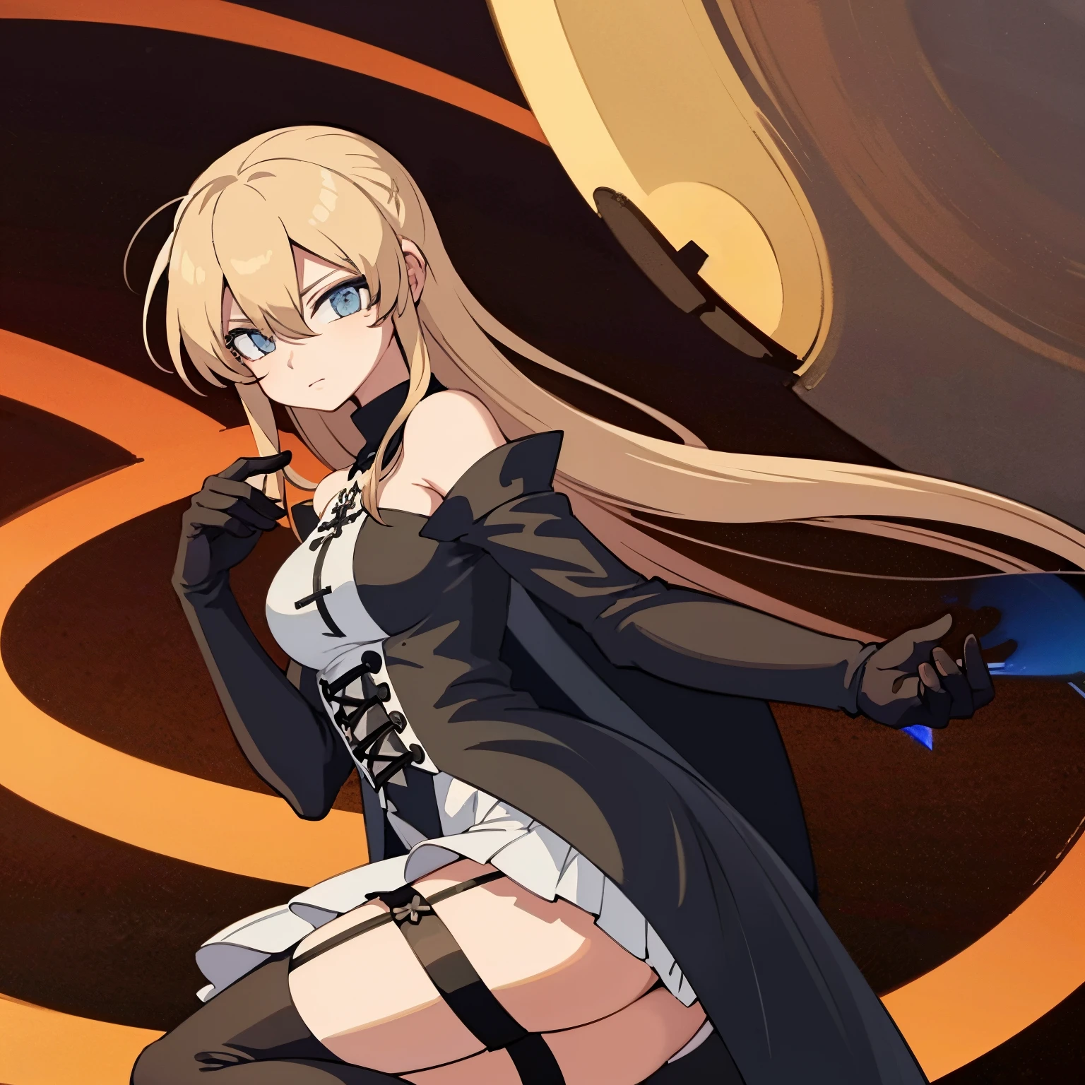 hyper extreme detailed), (masterpiece), (hyper extreme), (photorealistic), CG, (color: 1.2), beautiful lighting, front light, rating: safe, solo, bismarck, blonde hair, long hair, eyes red, black_gloves, garter_straps, zettai_ryouiki, pleated_skirt, black_skirt, stoking, high_heels, black shrite, long_sleeves, black_cape, short_dress, wearing military hat, saber gloves, looking lewd, sideboobs