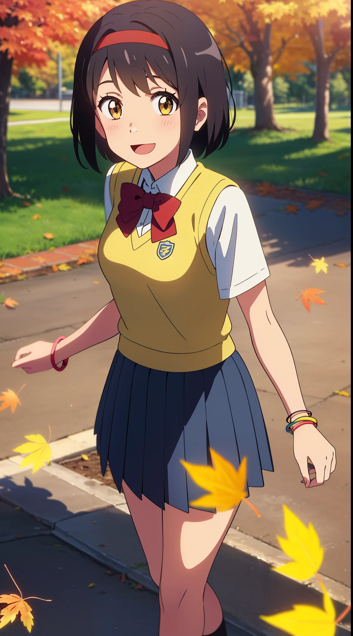 shinkai makoto, kimi no na wa., 1girl, bangs, black hair, blue sky, blush, bow, brown eyes, shiny skin, cloudy_sky, sunlight, collared shirt, headband, looking at the viewer, red bow, red headband, red ribbon, Ribbon, school uniform, shirt, short hair, smile, shadow, solo, sweater vest, upper body, vest, white shirt, yellow sweater vest, yellow vest, smile, happy, open mouth, lens_flare, sitting on a bench with her feet up, afternoon hangout, sitting down casually