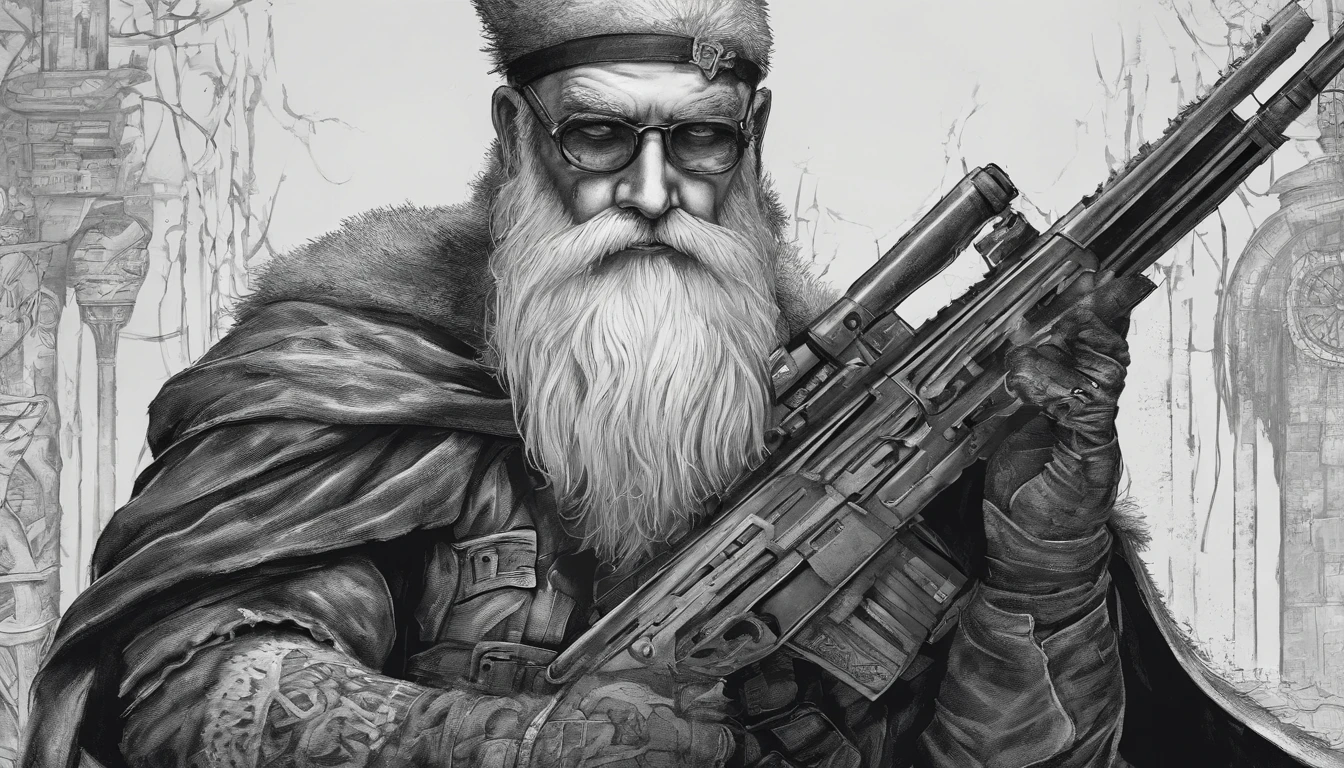 tatted-up Santa Claus with his arms crossed, cheio de presentes ao seu redor, super realismo, Batman gothic style, fundo branco
