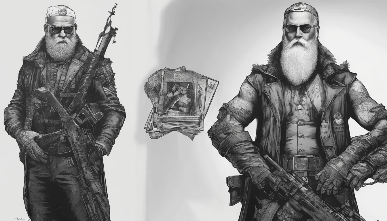 tatted-up Santa Claus with his arms crossed, cheio de presentes ao seu redor, super realismo, Batman gothic style, fundo branco
