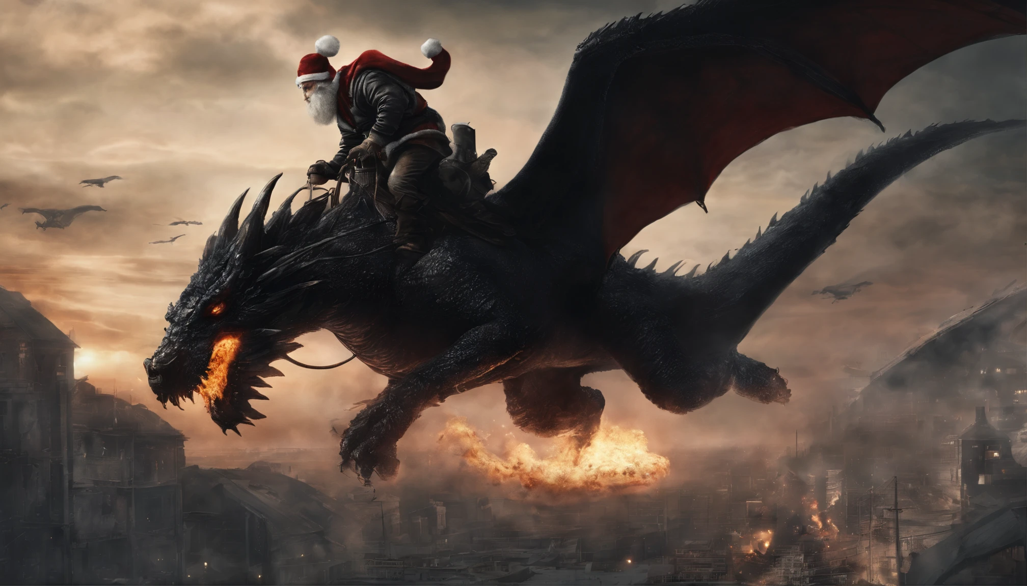 Santa Claus flying with his gifts on top of a black dragon breathing fire