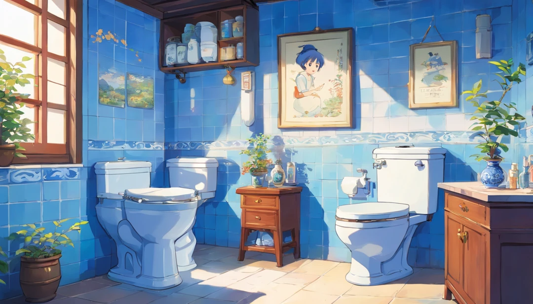 Blue and white porcelain toilet