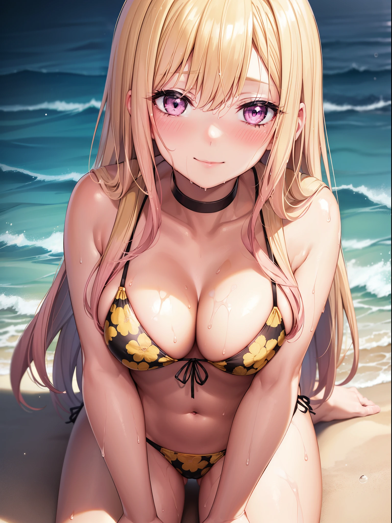 1girl, marin kitagawa, blonde hair, choker, long hair, (pink eyes:1.5), straight hair, swept bangs, (long eyelashes:1.2), (lower eyelashes:1.2), (blush:1.3), smile,
BREAK (triangle bikini:1.2), Black bikini, (black panty), (patternless panty), (Yellow floral bikini:1.3), medium breasts, Naked, Exposed skin, (Wet skin:1.3), leaning forward, hands on own knees,
BREAK (sea:1.5), beach, (solar:1.3),
BREAK looking at viewer, 
BREAK (masterpiece:1.2), best quality, high resolution, unity 8k wallpaper, (illustration:0.8), (beautiful detailed eyes:1.6), extremely detailed face, perfect lighting, extremely detailed CG, (perfect hands, perfect anatomy)