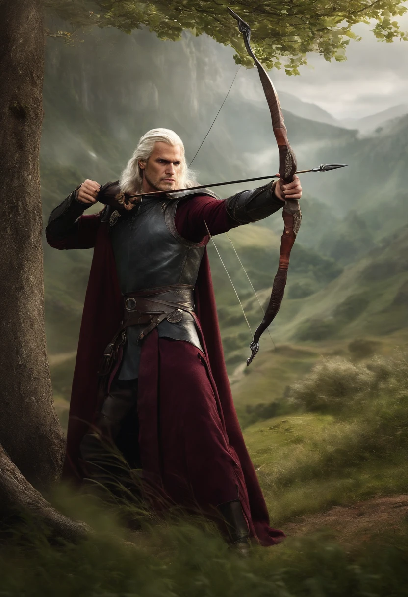 Aemond Targaryen standing in a lush green meadow, practicing archery with Vhagar perched on a tree branch behind him,Fire and Blood,Physically, Aemond possess the classic Targaryen features, with long platinum silver hair and a piercing purple eye. His intense and penetrating gaze, hints at an intense fire within, and an otherworldly wisdom that belies his youthful appearance. His regal and ethereal bearing is accentuated by his tall stature and muscular but lithe physique. The sharp angles of his face, coupled with a strong jawline, give him a striking and commanding presence.

Prince Aemond Targaryen has very long platinum silver blonde hair, a strong and prominent jawline, straight nose, full lips with defined cupids bow, one violet eye (right), scar from left eyebrow to left cheekbone, missing left eye replaced by blue sapphire. He is tall, lithe, defined muscles, broad shoulders and chest, long torso, small waist, long legs, tight round arse, long thick uncircumcised cock. 

Prince Aemond has large and veiny hands with long elegant fingers. He dresses in medieval regal attire, using expensive dark fabrics and has impeccable taste. He wears a leather eyepatch over his left eye., male