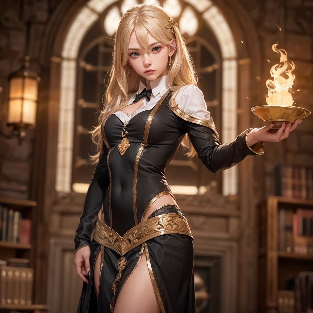 Noble blonde young female adult, mage apprentice, fair but not beautiful, weak, determined, confident, bratty in a magic academy