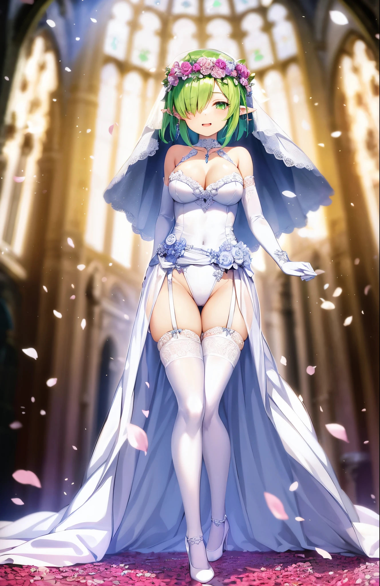 1girl, medium hair, masterpiece, best quality, {medium breasts}, pointy ears,  mature female, light green hair, expressionless, cupping hands,  jewelry, hair over one eye, covered navel,  head wreath, hand on own thigh, cleavage,  floating hair,   light smile, bridal veil, leotard, facing viewer, standing, frills, {bridal garter}, white thighhighs, green eyes,  half-closed eyes, happy, wedding dress, dot mouth, church, wedding, petals, open mouth, the pose, elbow gloves, lace-trimmed gloves, ass visible through thighs,holding dress, high heels, white footwear,