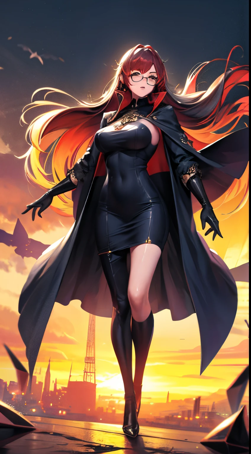 1girl,masterpiece,best quality,full body,long hair,copper hair,hair tubes,brown eyes,tall stature,multicolor Nehru Jacket,black denim dress,bat print,glasses,spiked gloves,triangular eyewear,surreal,head down,flying,Exaggerated perspective,ultra wide shot,floating,blurry hand foreground,