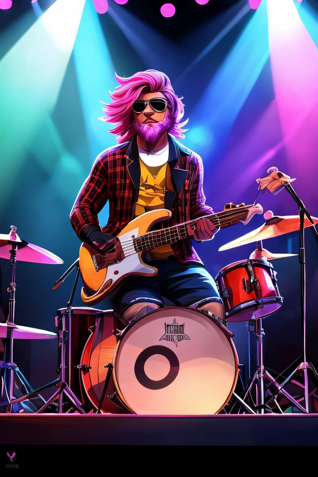 Illustrate a vibrant and dynamic scene featuring the band 'Harmony Fusion' on a lively stage. The setting should be illuminated by colorful lights, highlighting the four band members, each characterized as follows:
1. **Lead Vocalist:**
- Tall and slim, exuding confidence.
- Medium-length straight hair with a wind-blown effect.
- Stylish sunglasses reflecting stage lights.
- Well-groomed beard, dressed in a lively floral shirt.
2. **Bassist:**
- Tall, confident, with a laid-back demeanor.
- Short wavy hair, wearing prescription glasses.
- Wearing a cap with a straight brim tilted for a cool look.
3. **Drummer:**
- Sturdy build, vibrant pink hair.
- Edgy with a black beard and noticeable earring.
- Positioned behind the drum set, capturing the intensity of the performance.
4. **Guitarist:**
- Bald, stylish, exuding a unique confidence.
- Well-groomed beard, wearing prescription glasses and ear stretchers.
- Clad in a fashionable flannel shirt with a rock 'n' roll edge.
Ensure that the illustration portrays all four band members together, emphasizing the energetic atmosphere and individual personalities. The stage should radiate with the intensity of their performance, immersing the audience in the music and highlighting the distinctive synergy of 'Harmony Fusion' on stage.