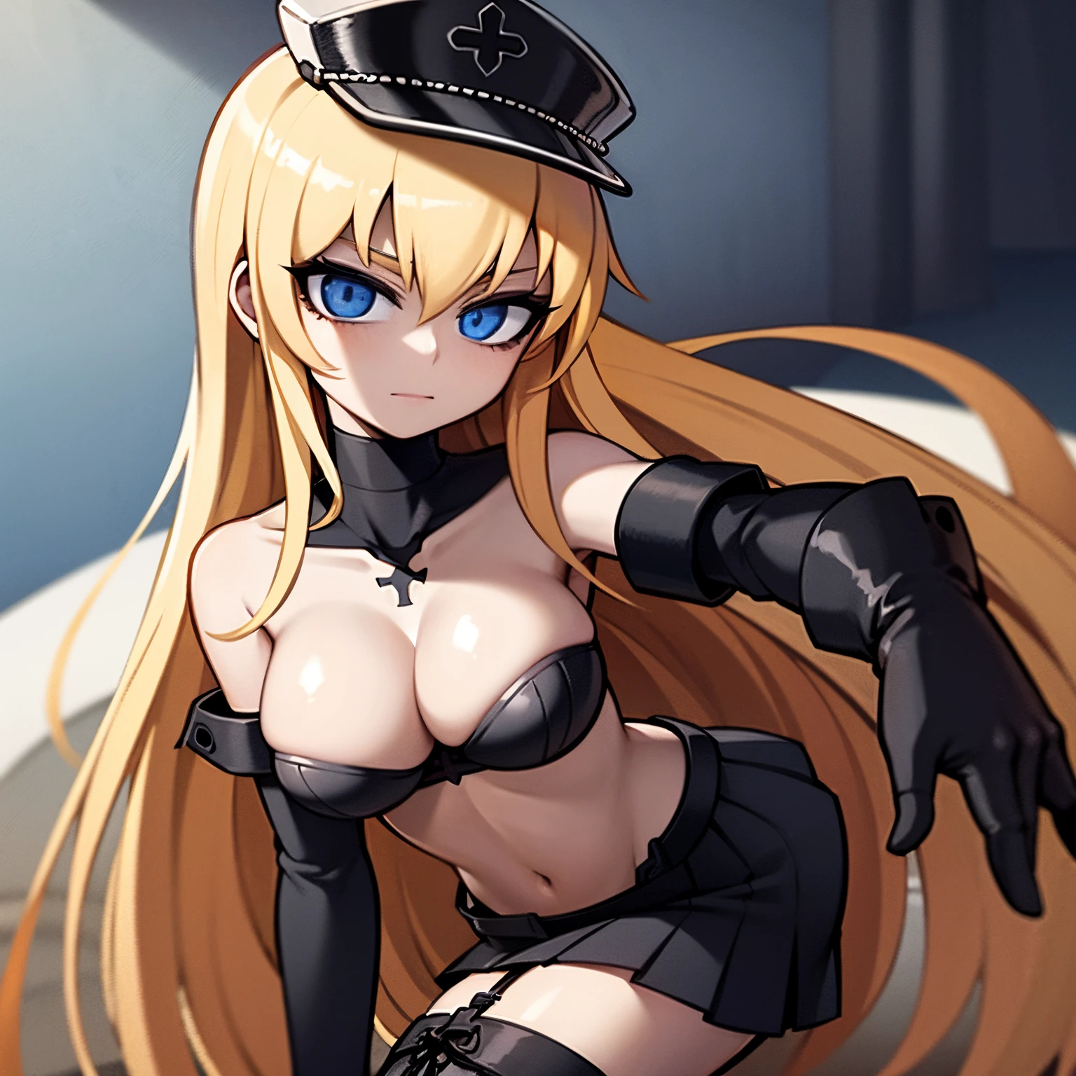hyper extreme detailed), (masterpiece), (hyper extreme), (photorealistic), CG, (color: 1.2), beautiful lighting, front light, rating: safe, solo, bismarck, blonde hair, long hair, eyes red, black_gloves, garter_straps, zettai_ryouiki, pleated_skirt, black_skirt, stoking, high_heels, black shrite, long_sleeves, black_cape, short_dress, wearing military hat, saber gloves, looking lewd, sideboobs