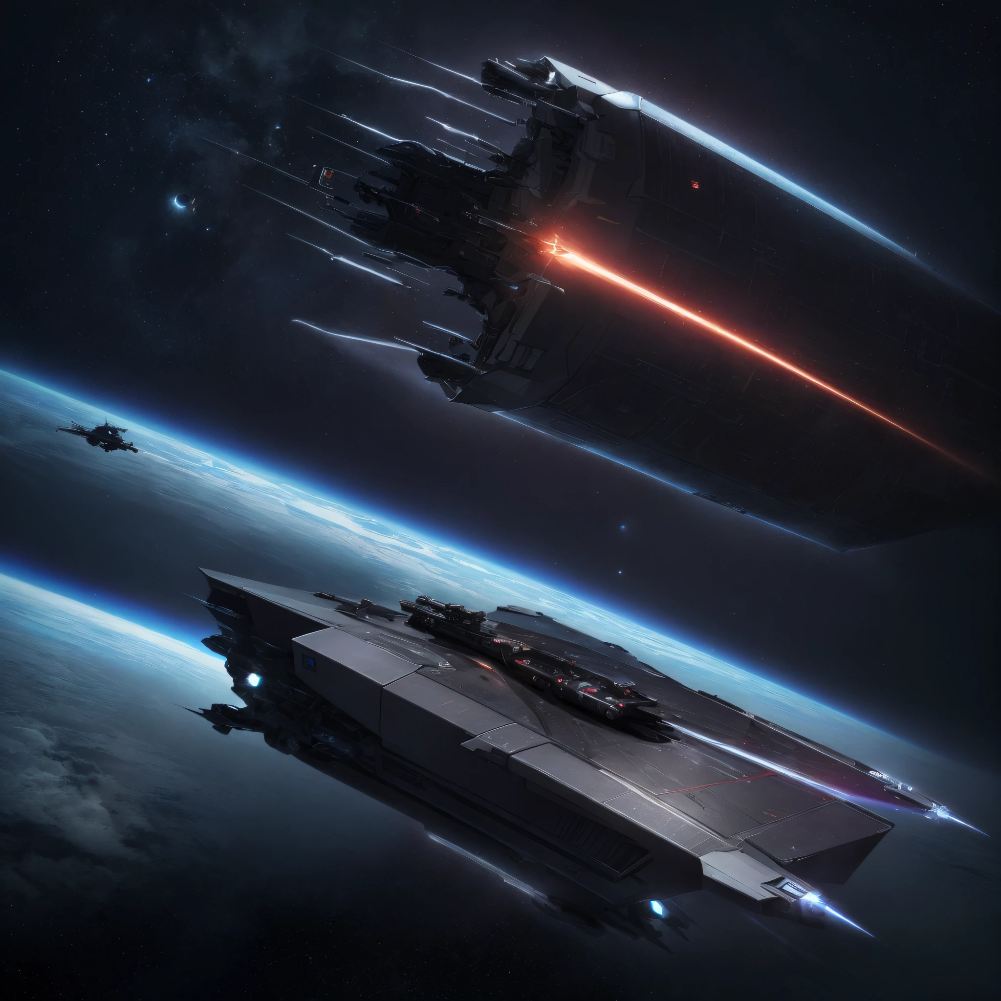 a space ship, starship, science-fiction, space attack aircraft, sci-fi cruiser, dreadnought from space, space interceptor flight, future starship, in orbit of the planet, shooting spaceship, fantastic film, asteroids, Stars