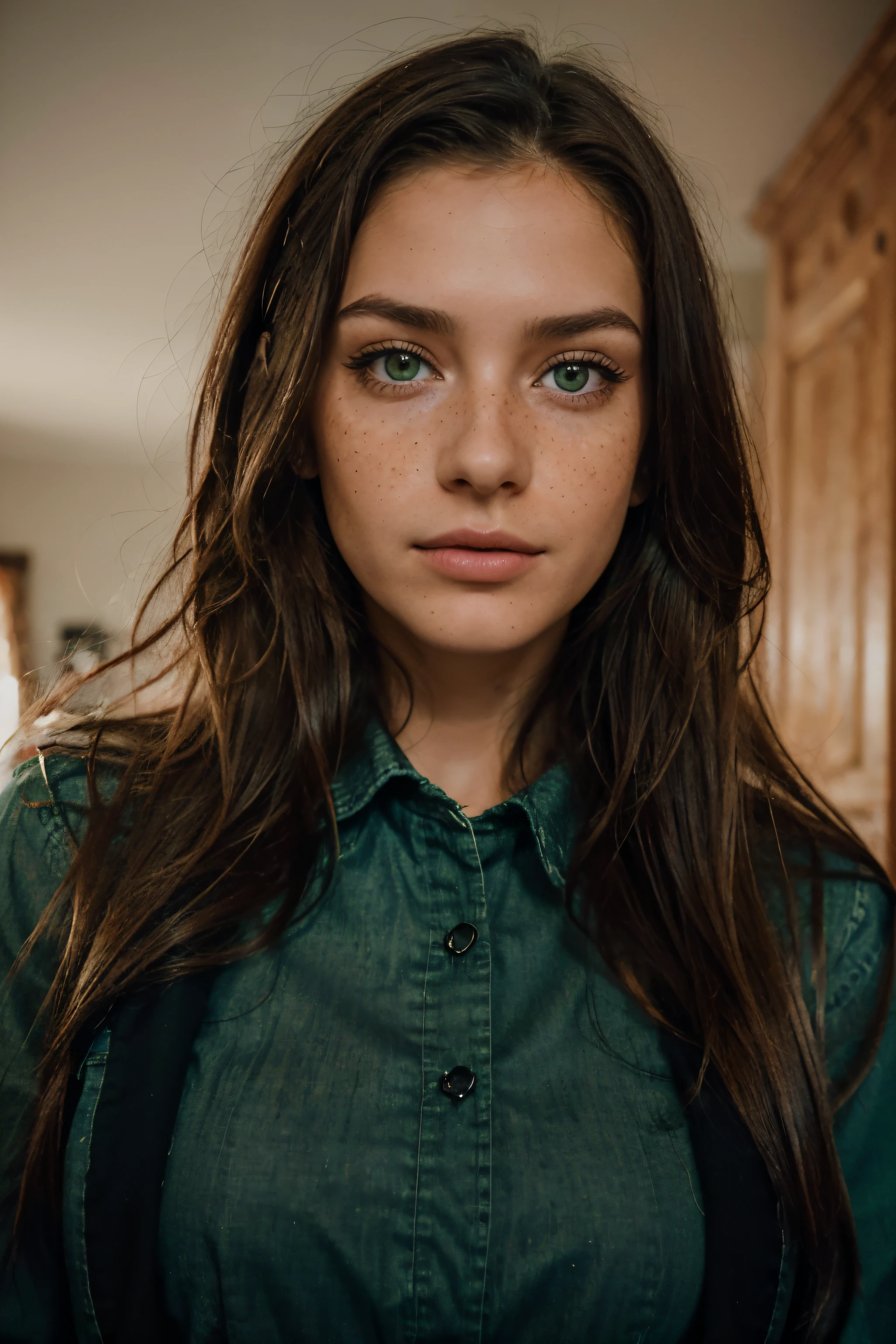 ((Photo of a European woman with freckles and green eyes)), Jeans, Lumberjack outfit, beautiful, Perfekt helle Haut, long and wavy natural black hair, Perfekte Lippen, Thin eyes, thin eyebrows, thin nose, Ohrringe, lange Wimpern, (roter Lidschatten und Make-up), 8K, aufwendig maximalistische Details, Extrem detailliert, Sehr realistisch, Romantische Beleuchtung, Blick in die Kamera, nach vorne gerichtete Kamera, Portrait of the face, Hohe Hautdetails, leichte Hautunreinheiten