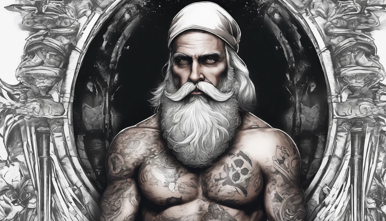 Tattoed Santa Claus with muscular arms uncovered and tattooed, cheio de presentes ao seu redor, super realismo, gothic style, fundo branco