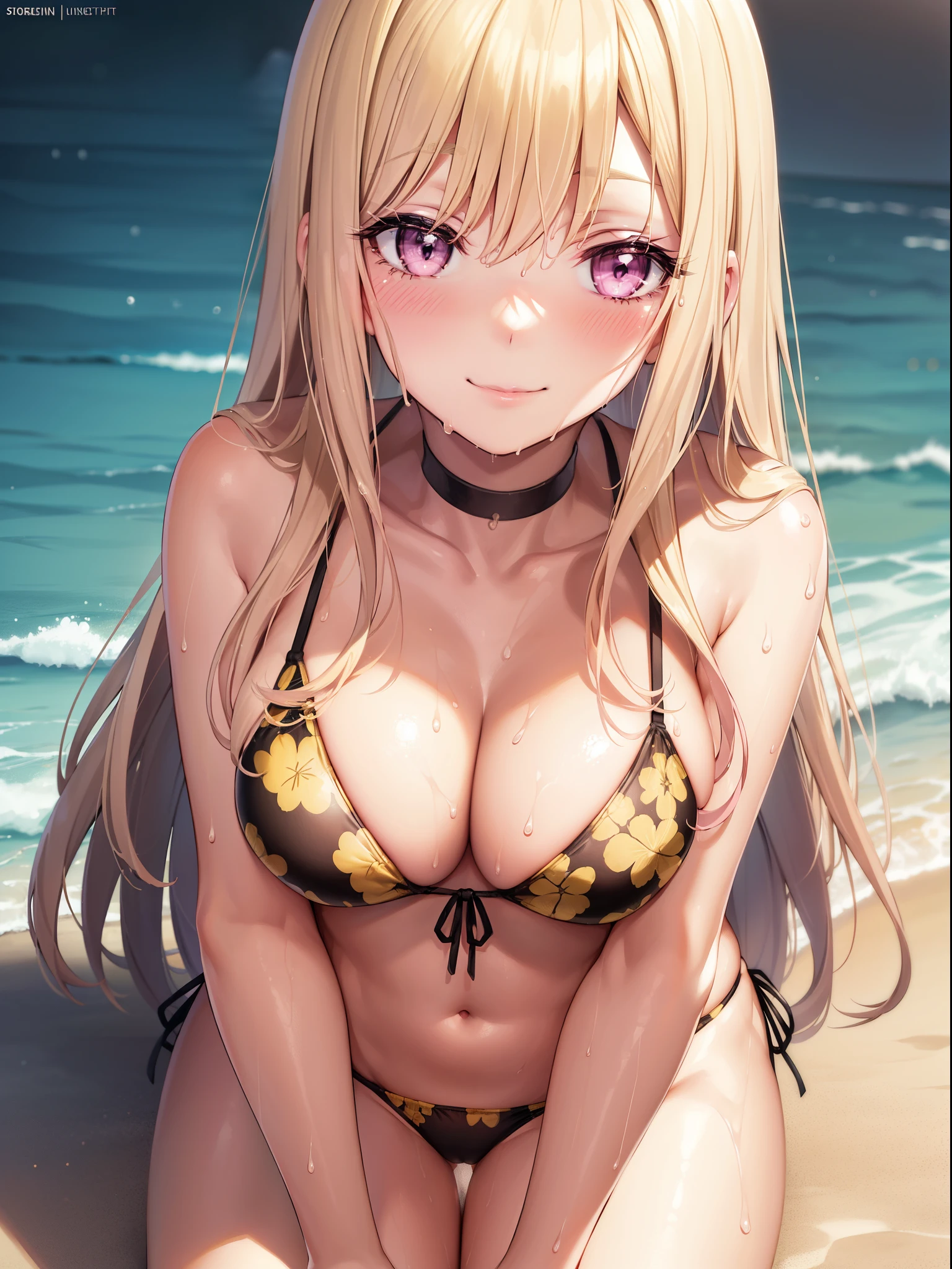 1girl, marin kitagawa, blonde hair, choker, long hair, (pink eyes:1.5), straight hair, swept bangs, (long eyelashes:1.5), (lower eyelashes:1.5), (blush:1.3), smile,
BREAK (triangle bikini:1.2), Black bikini, (black panty), (patternless panty), (Yellow floral bikini:1.3), medium breasts, Naked, Exposed skin, (Wet skin:1.3), leaning forward, hands on own knees,
BREAK (sea:1.5), beach, (solar:1.3),
BREAK looking at viewer,
BREAK (masterpiece:1.2), best quality, high resolution, unity 8k wallpaper, (illustration:0.8), (beautiful detailed eyes:1.6), extremely detailed face, perfect lighting, extremely detailed CG, (perfect hands, perfect anatomy)
