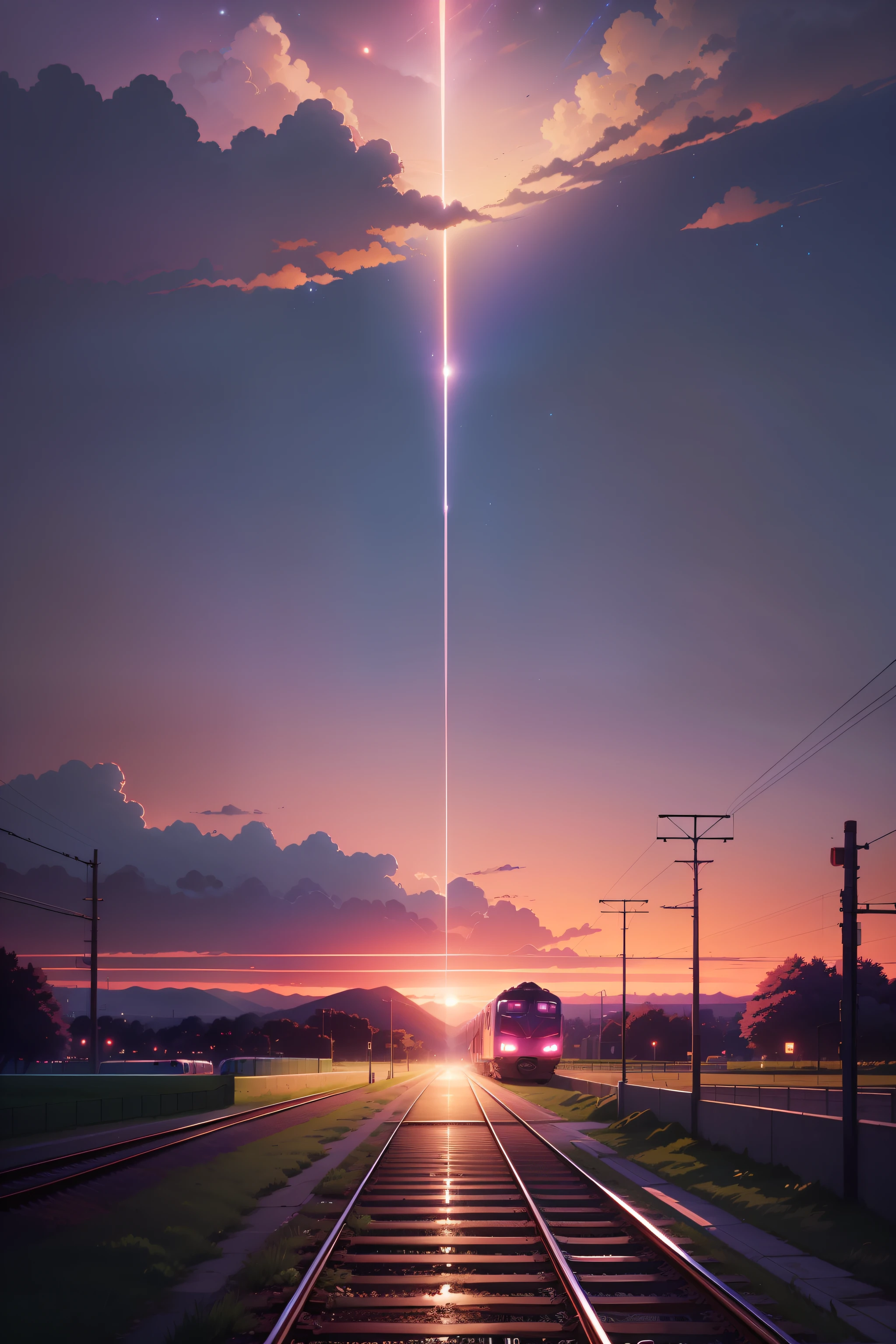anime scene of a train passing under a pink and purple sky, an anime drawing by Makoto Shinkai, trending on pixiv, magical realism, beautiful anime scene, cosmic skies. by makoto shinkai, ( ( makoto shinkai ) ), by makoto shinkai, anime background art, style of makoto shinkai