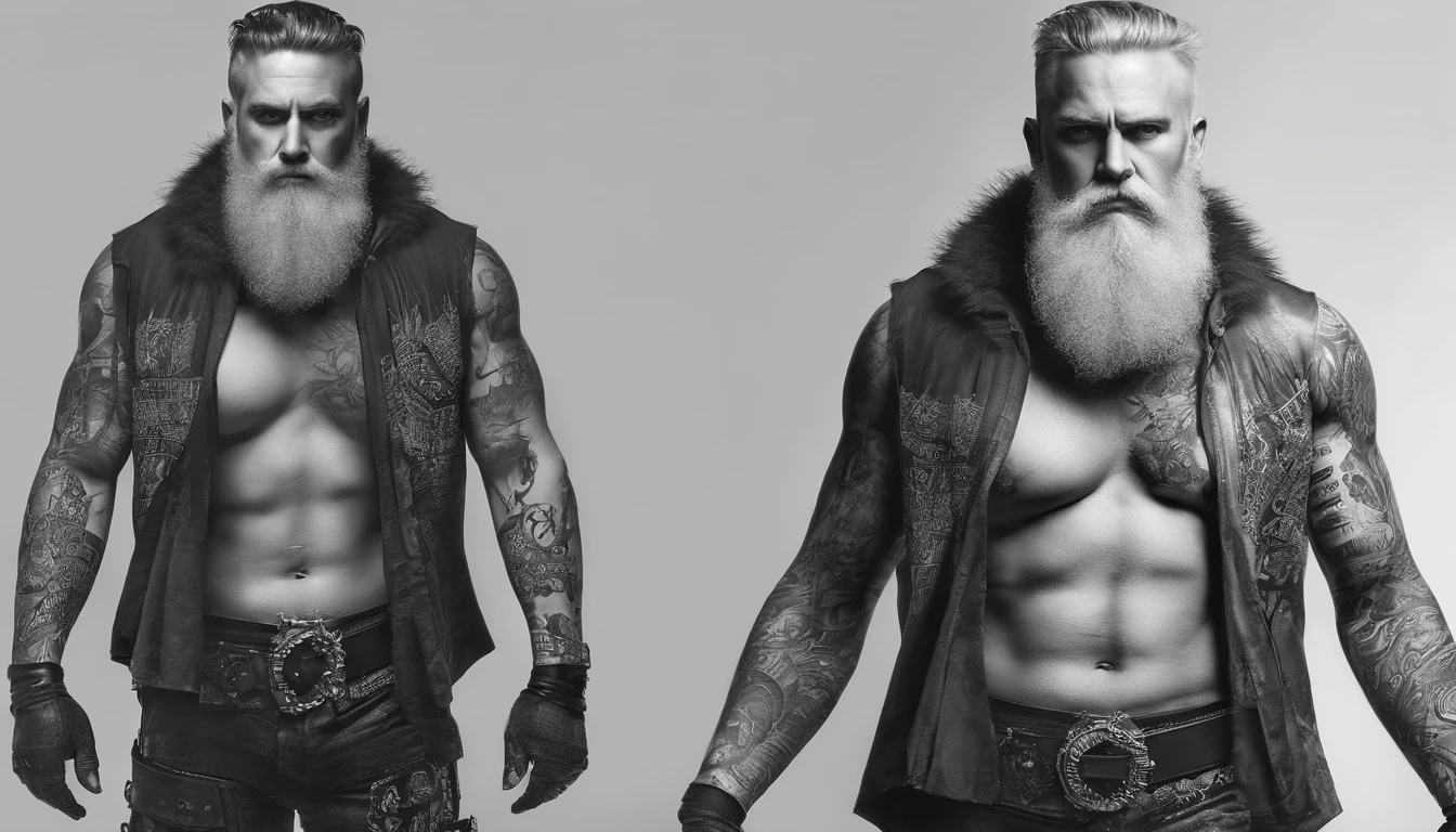 tatted-up Santa Claus with uncovered and tattooed arms, corpo inteiro, cheio de presentes ao seu redor, super realismo, fundo branco