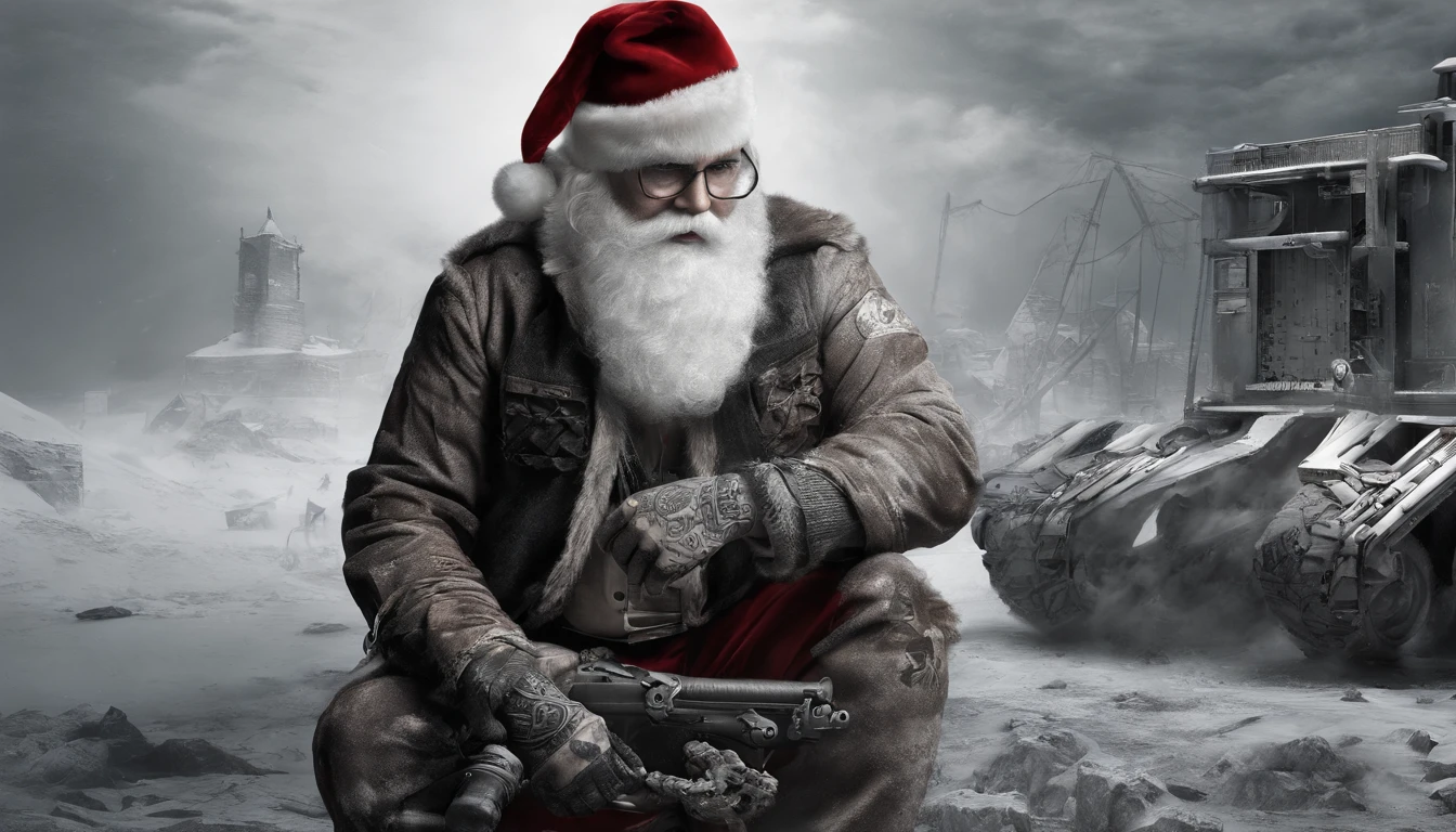 tatted-up Santa Claus with uncovered and tattooed arms, corpo inteiro, cheio de presentes ao seu redor, super realismo, fundo branco