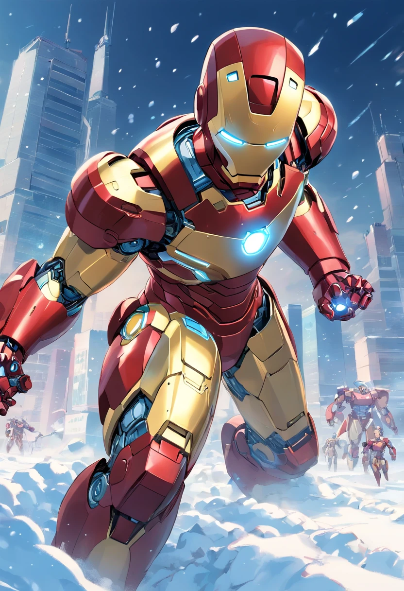 Iron Man battles an army of robots on a snowy battlefield, full bodyesbian, far, AB JLEE3, Complex facial details for all characters, Expressive eyes and nose and mouth, unzoom, author:Jim Lee Right Section Centered, Key, Visual, Complex, Highly Detailed, Breathtaking, Precise Line Art, Vibrant Panorama Film