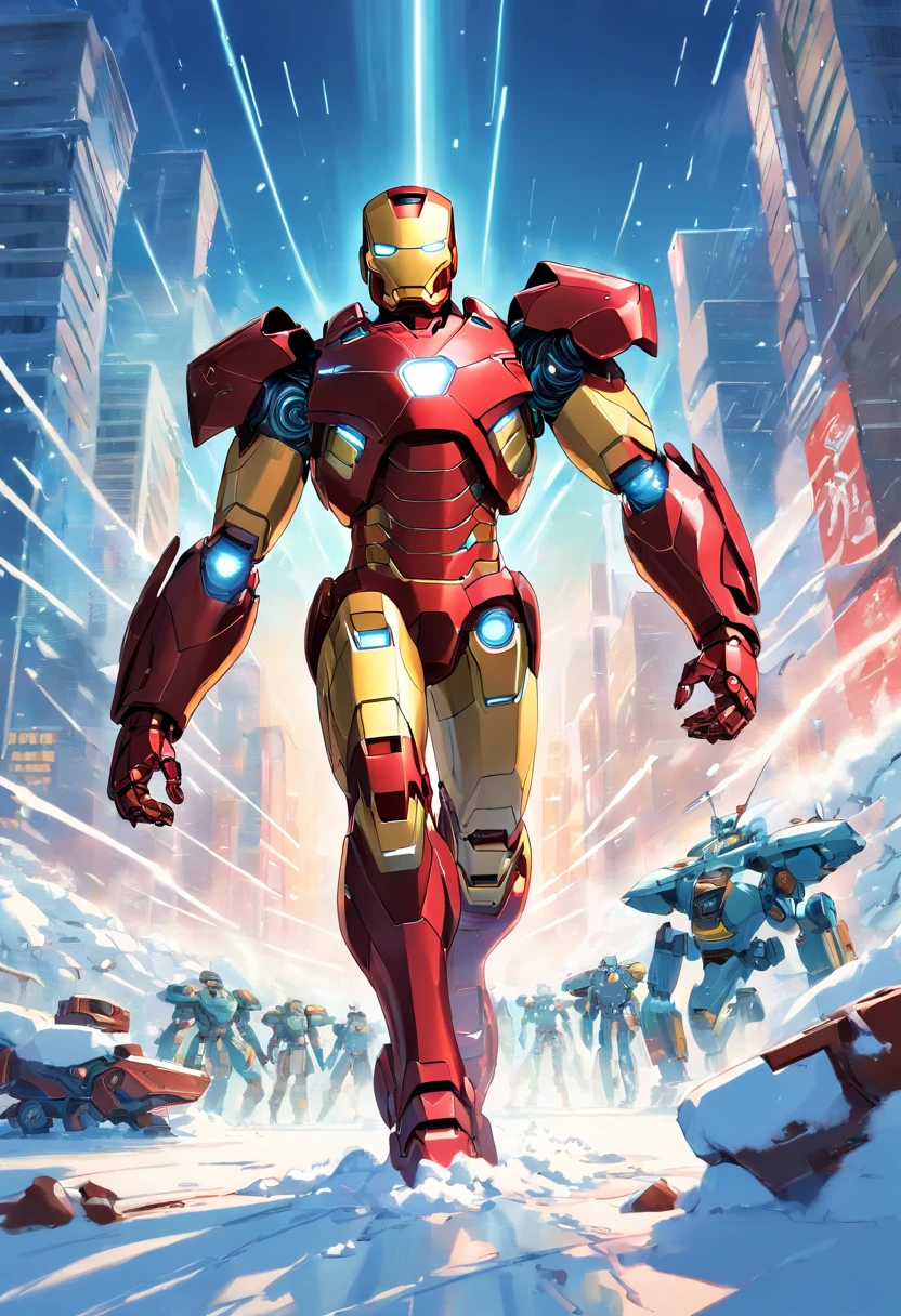 Iron Man battles an army of robots on a snowy battlefield, full bodyesbian, far, AB JLEE3, Complex facial details for all characters, Expressive eyes and nose and mouth, unzoom, author：Jim Lee Right Section Centered, Key, Visual, Complex, Highly Detailed, Breathtaking, Precise Line Art, Vibrant Panorama Film