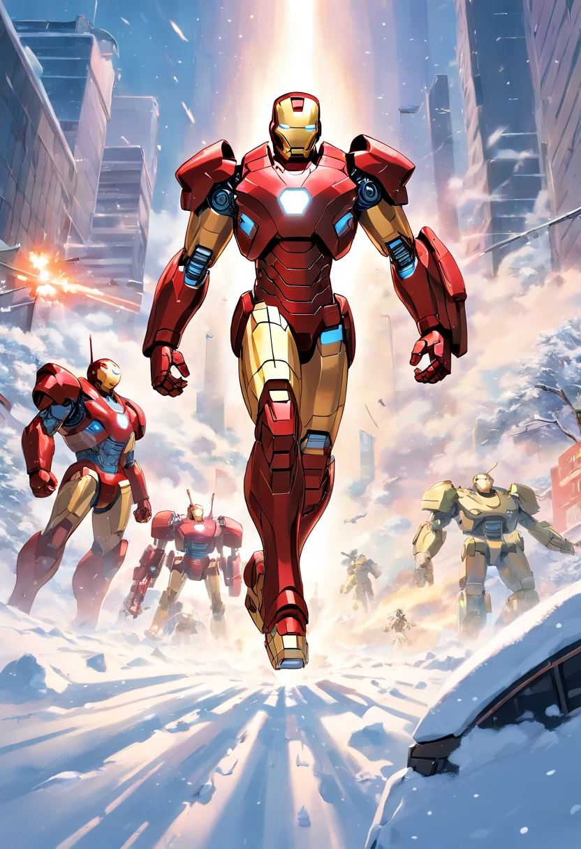 Iron Man battles an army of robots on a snowy battlefield, full bodyesbian, far, AB JLEE3, Complex facial details for all characters, Expressive eyes and nose and mouth, unzoom, author：Jim Lee Right Section Centered, Key, Visual, Complex, Highly Detailed, Breathtaking, Precise Line Art, Vibrant Panorama Film