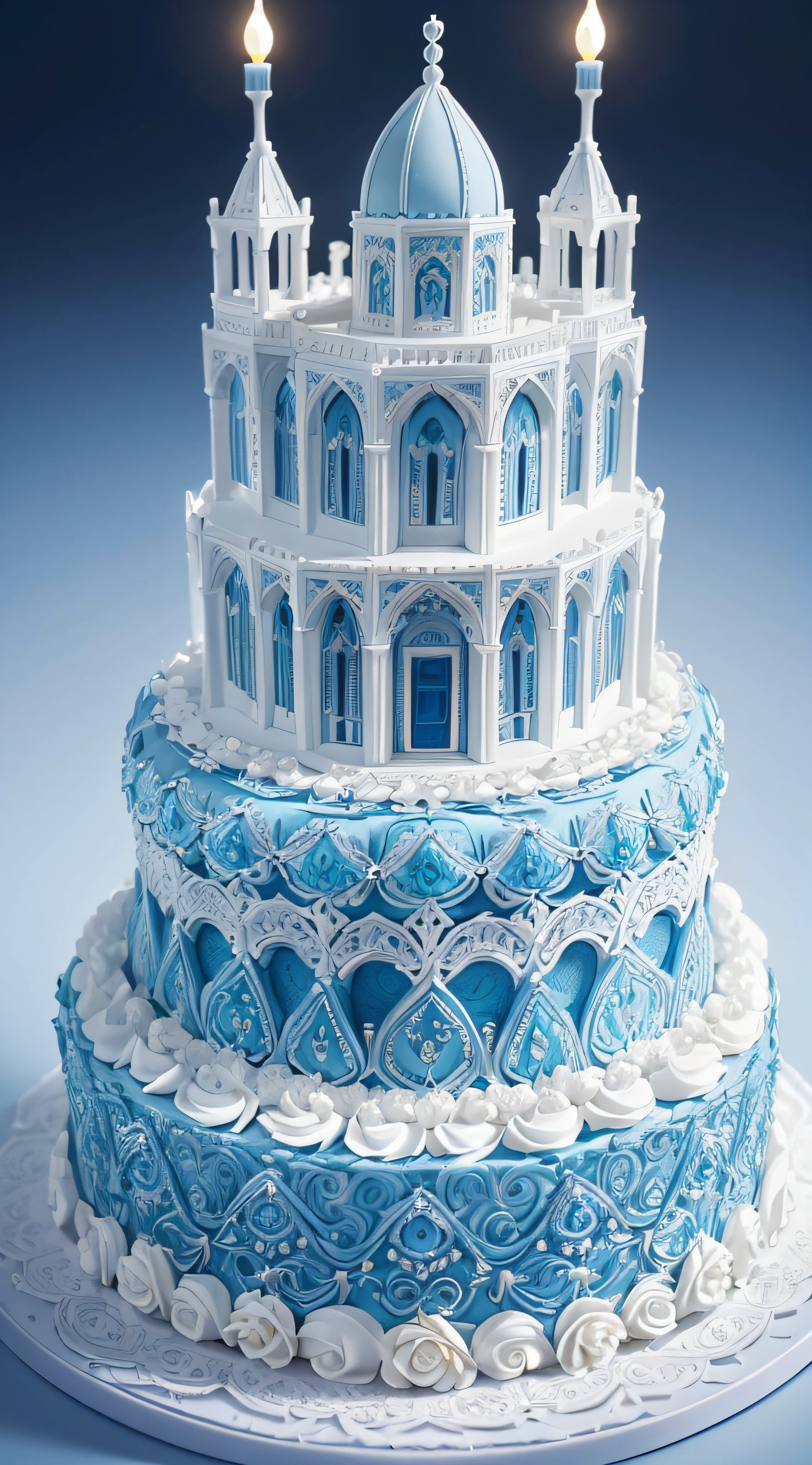 (Best quality,4K,8K,A high resolution,tmasterpiece:1.2),ultra - detailed,(actual,realistically,realistically:1.37),(Luxury architectural hollow cake),Beautifully decorated empty cake,Surreal and impressive creation,Impressive and intricate cake designs,Building complex cake,Exaggerated cake design,Delicate cake，The attention to detail,Luxurious and surreal cake designs,Stunning and detailed cake,Stunning and intricate cake decorations,Luxurious and intricate cake designs,great cake，The details are complicated,Eye-catching Cakes Impressive and intricate paper cut cake masterpieces，((Light blue-white tones)),（Cake with many decorated minifigures）