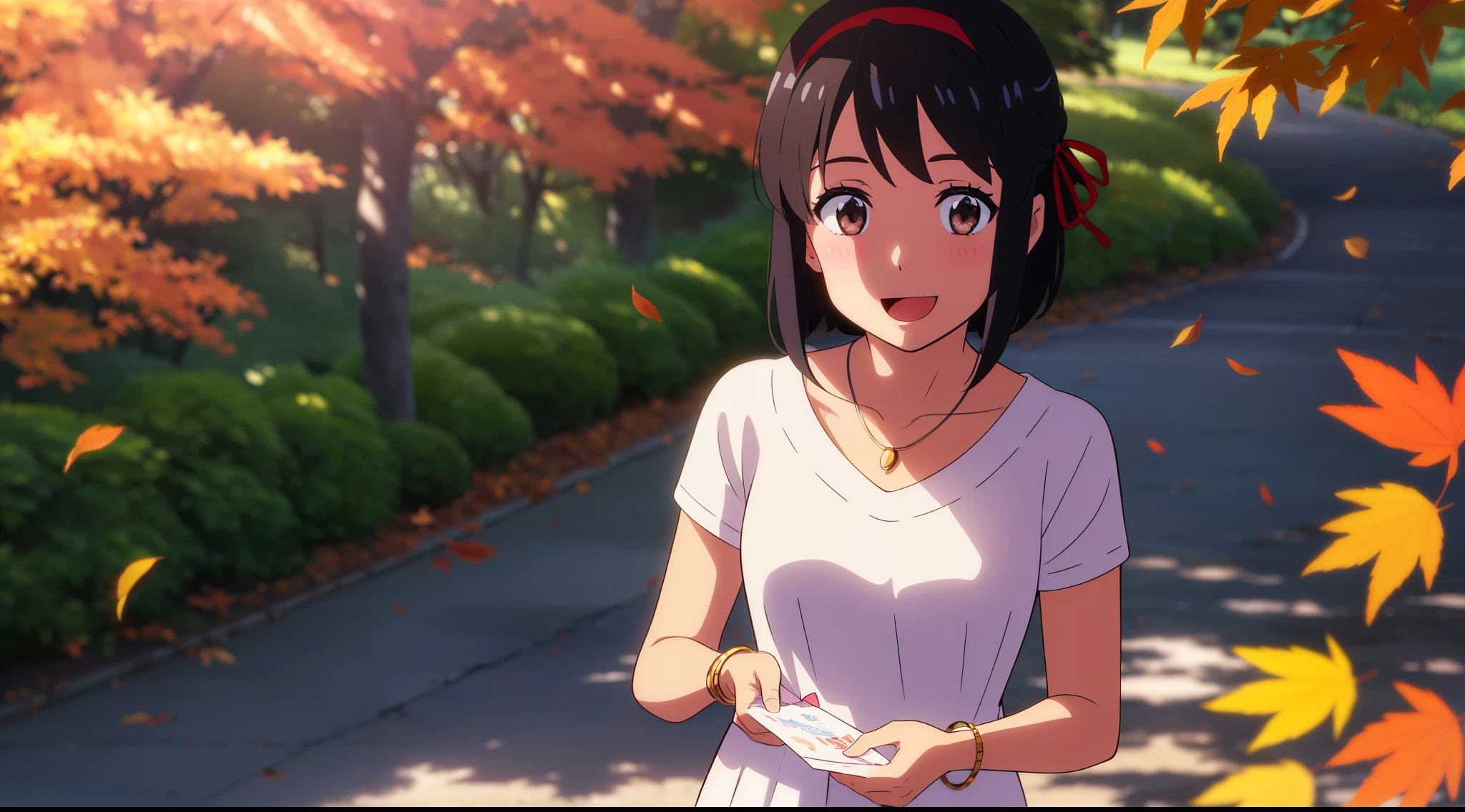 Anime girl in white dress standing in front of a tree with leaves ...
