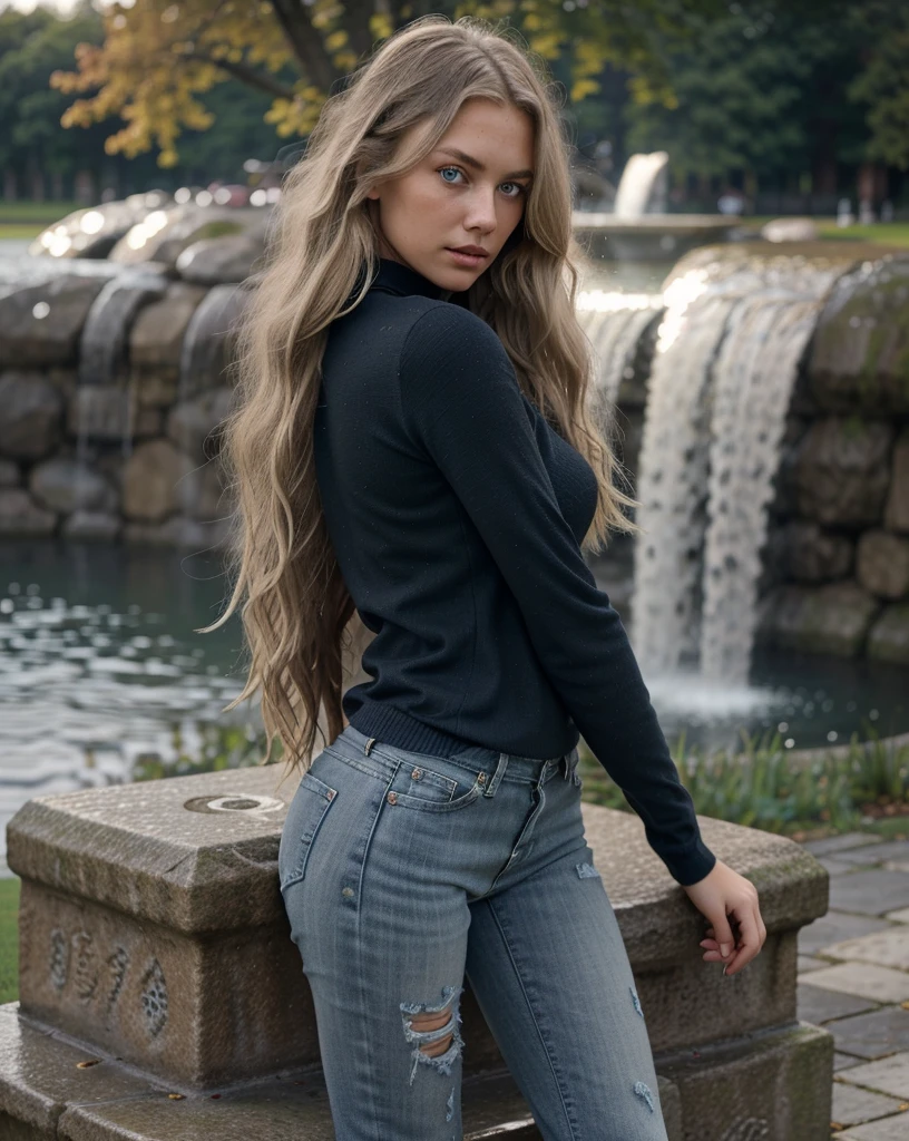 girl in, age24, Solo, Long wavy blond hair, messy wind blown hair, blondehair, (dark blue eyes), Colossal tits, full body shot, (textured skin, skin pores:1.1), imperfect skin, goosebumps, in a city park, stone bench, fountain, ((brown leather jackte:1.2)), (grey turtle neck), (dark blue jeans), (extremely detailed 8k wallpaper), soft lighting, high quality, film grain, Fujifilm XT3 sharp focus, f 2.6, 135mm, High Detail, Sharp focus,(natural light), (seductive), Realistic, ultra realistic, photo realistic, crazy details, complex details, hyper detailed